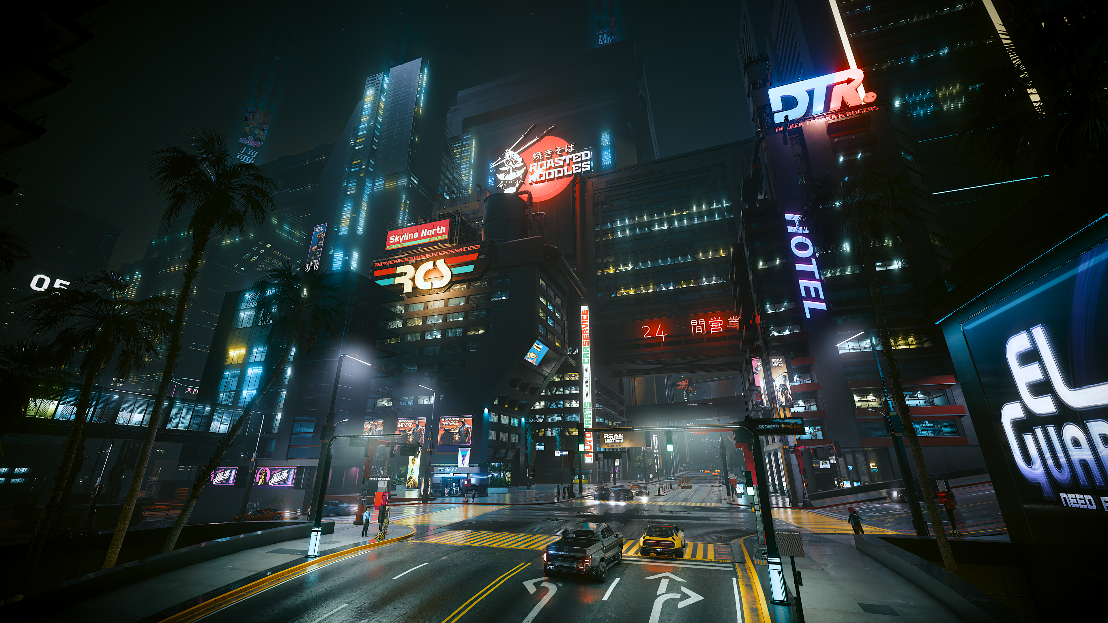 General 3840x2160 palm trees city night dark lights neon hologram futurism futuristic car futuristic city Cyberpunk 2077 Cyberpunk 2077 NPC video game art video games fictional countries