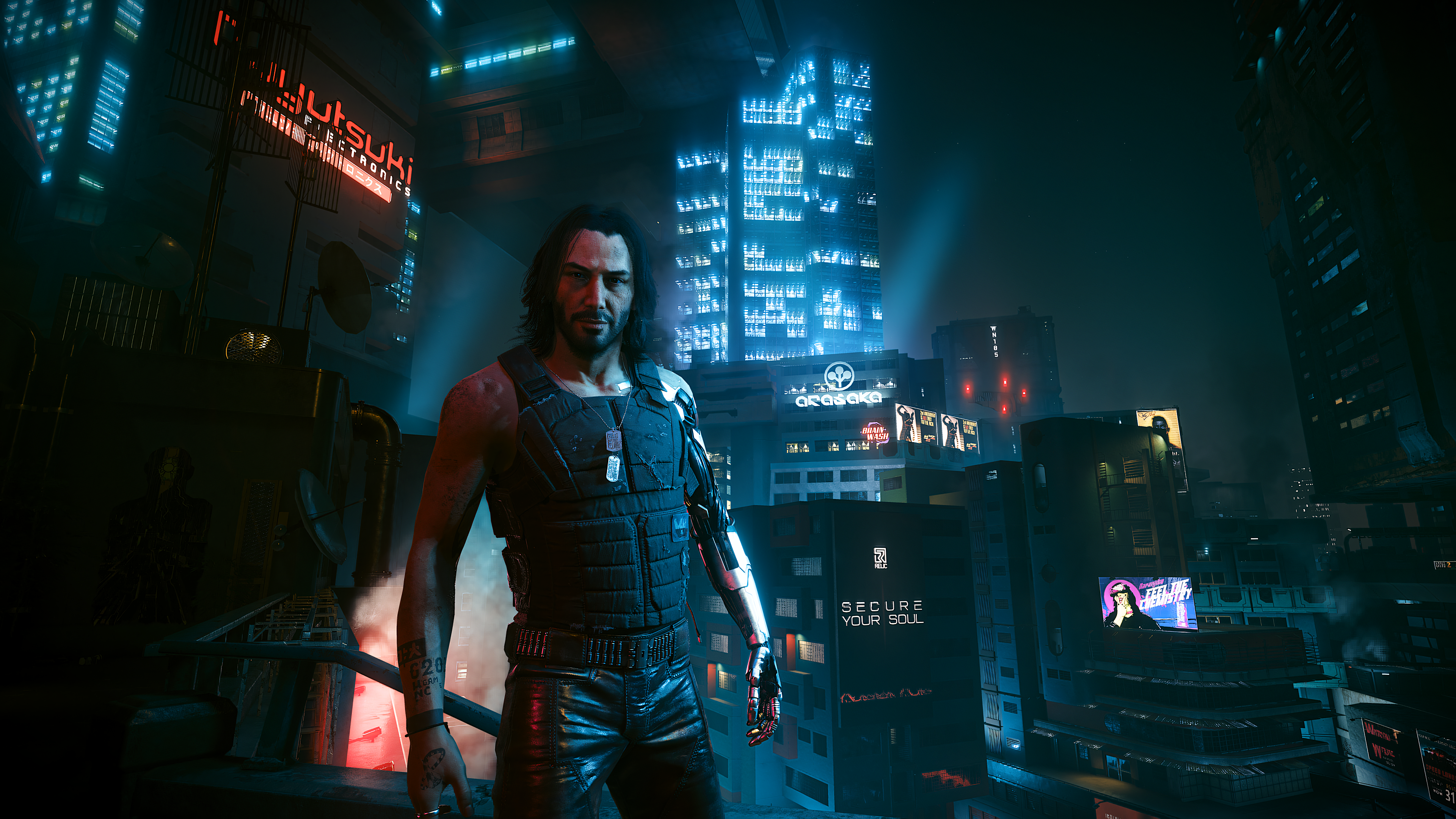 People 3840x2160 Keanu Reeves Cyberpunk 2077 Cyberpunk 2077 NPC fictional character video game art video games lights skyscraper city CD Projekt RED