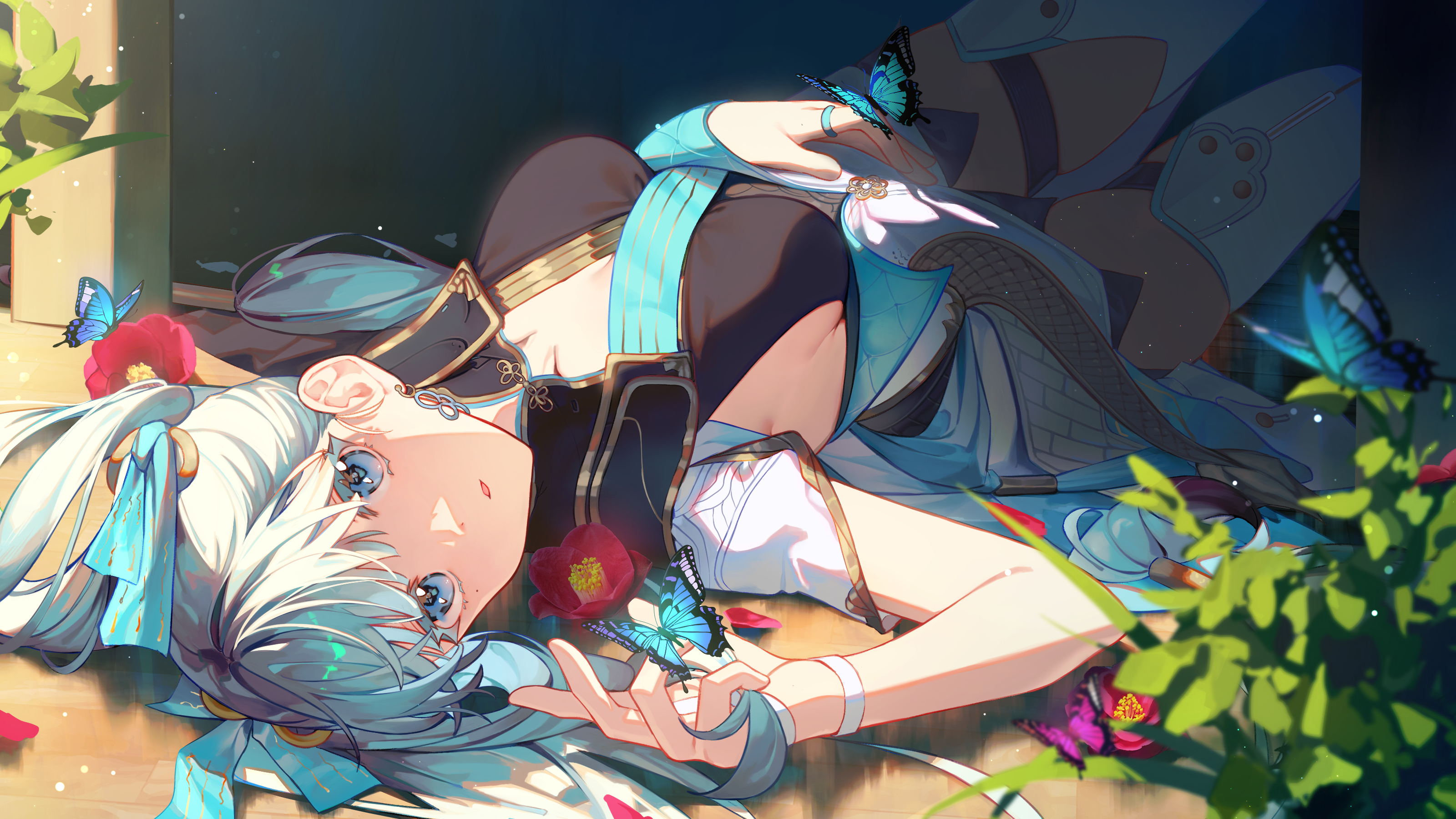 Anime 3200x1800 Wuthering Waves Jinhsi (Wuthering Waves) long hair looking at viewer lying down lying on back anime girls blue butterflies butterfly anime games video game girls video game art red flowers