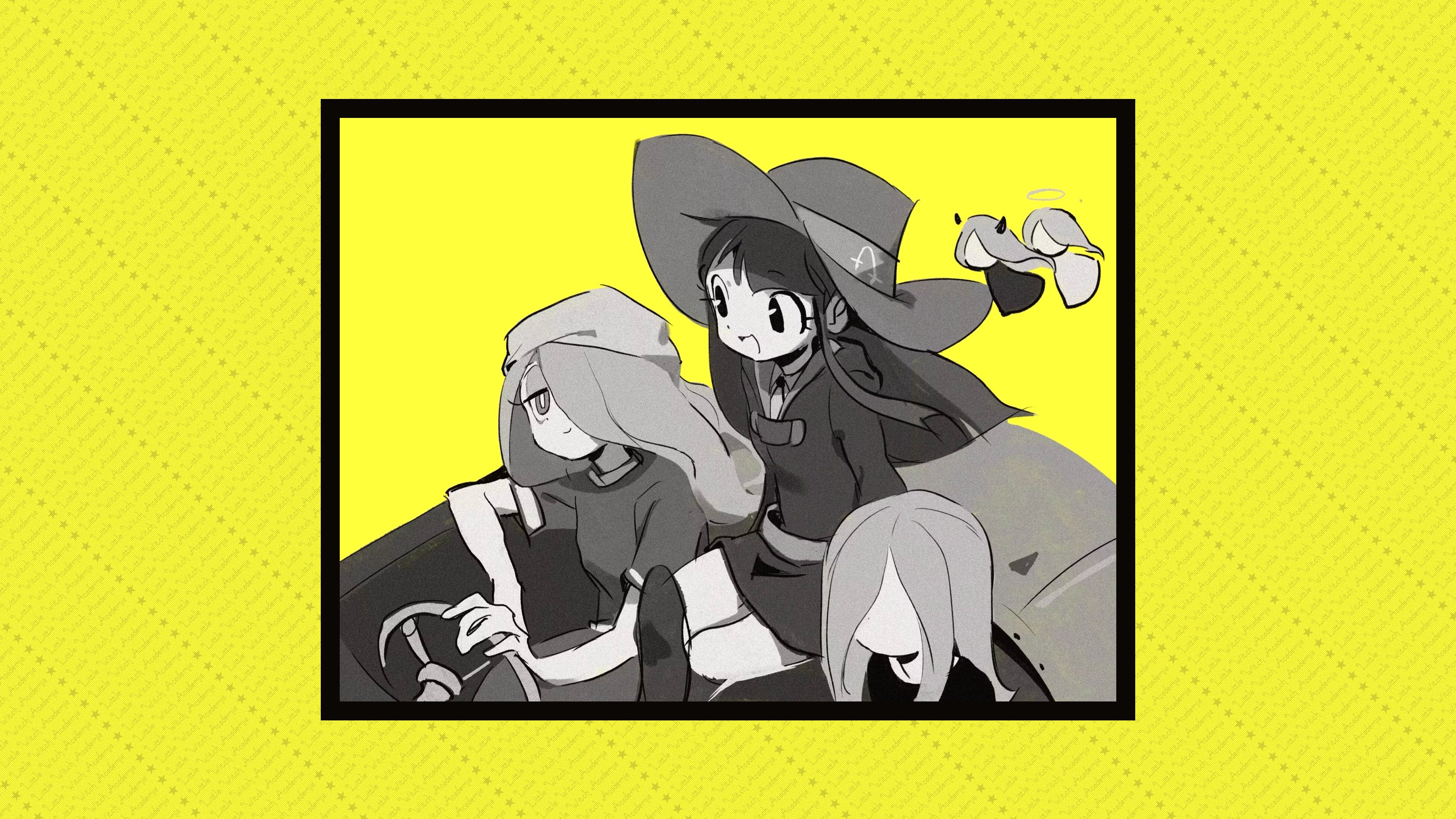 Anime 3840x2160 anime anime girls Little Witch Academia Luna Nova uniform Kagari Atsuko Sucy Manbavaran bangs blunt bangs robes steering wheel car driving thighs zettai ryouiki knee-high boots straight hair long hair devil angel horns wide-brimmed hat witch hat witch hair over one eye open mouth frame yellow background simple background monochrome
