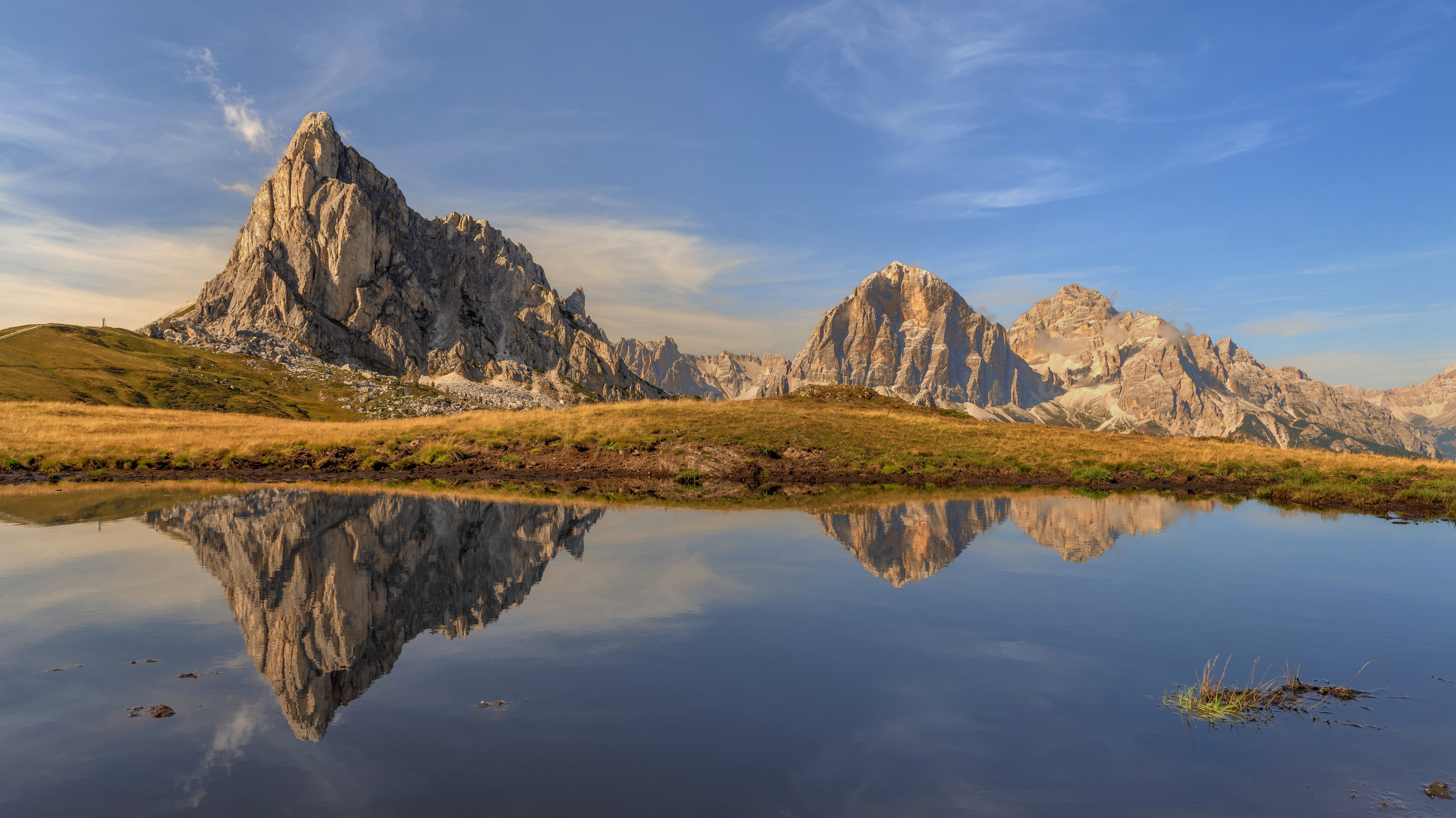 General 6144x3456 nature landscape sky clouds mountains grass water reflection rocks Dolomites Italy