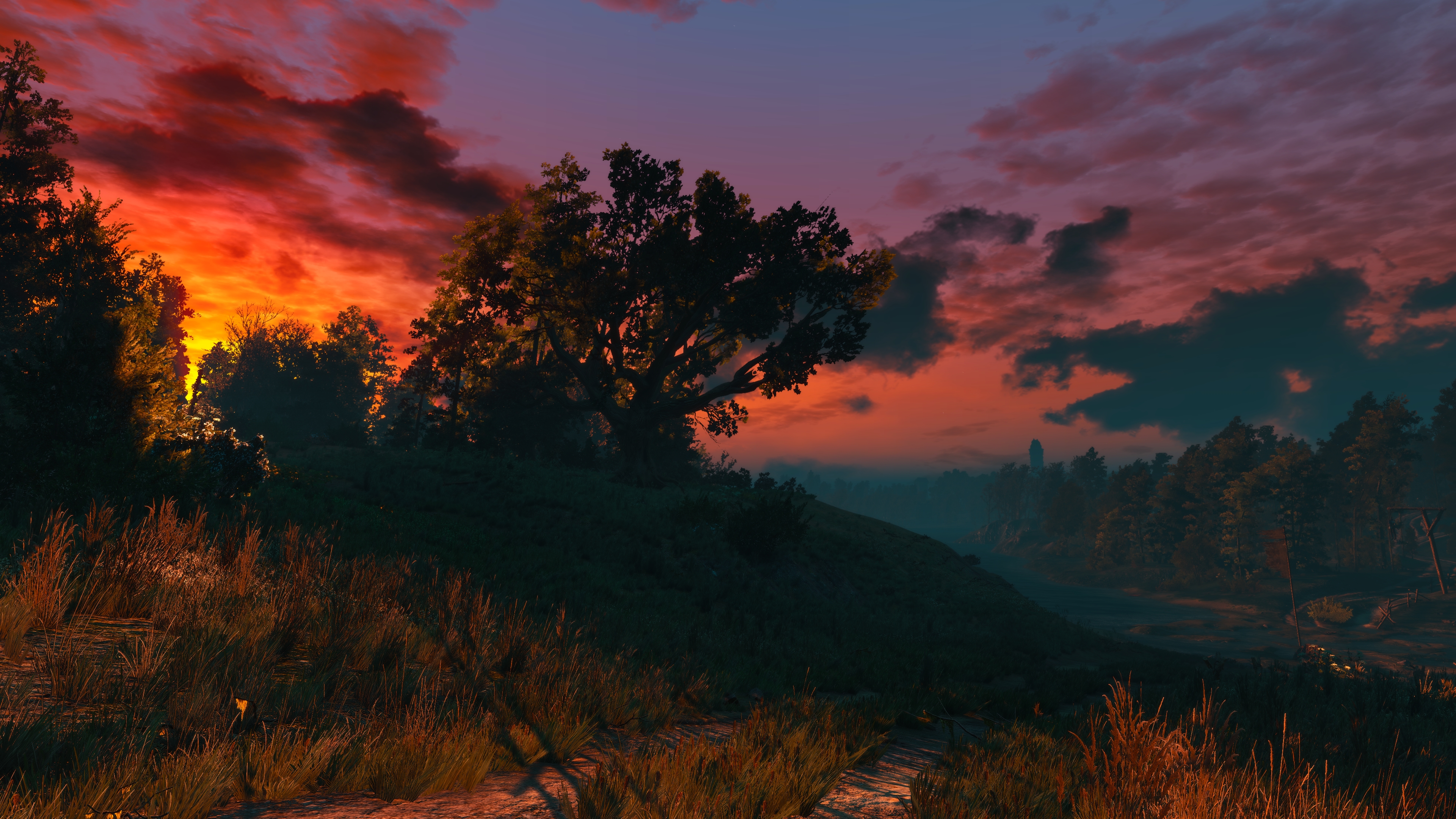 General 3840x2160 The Witcher 3: Wild Hunt screen shot sunset video game art clouds video games nature sunset glow sunlight trees sky CGI path