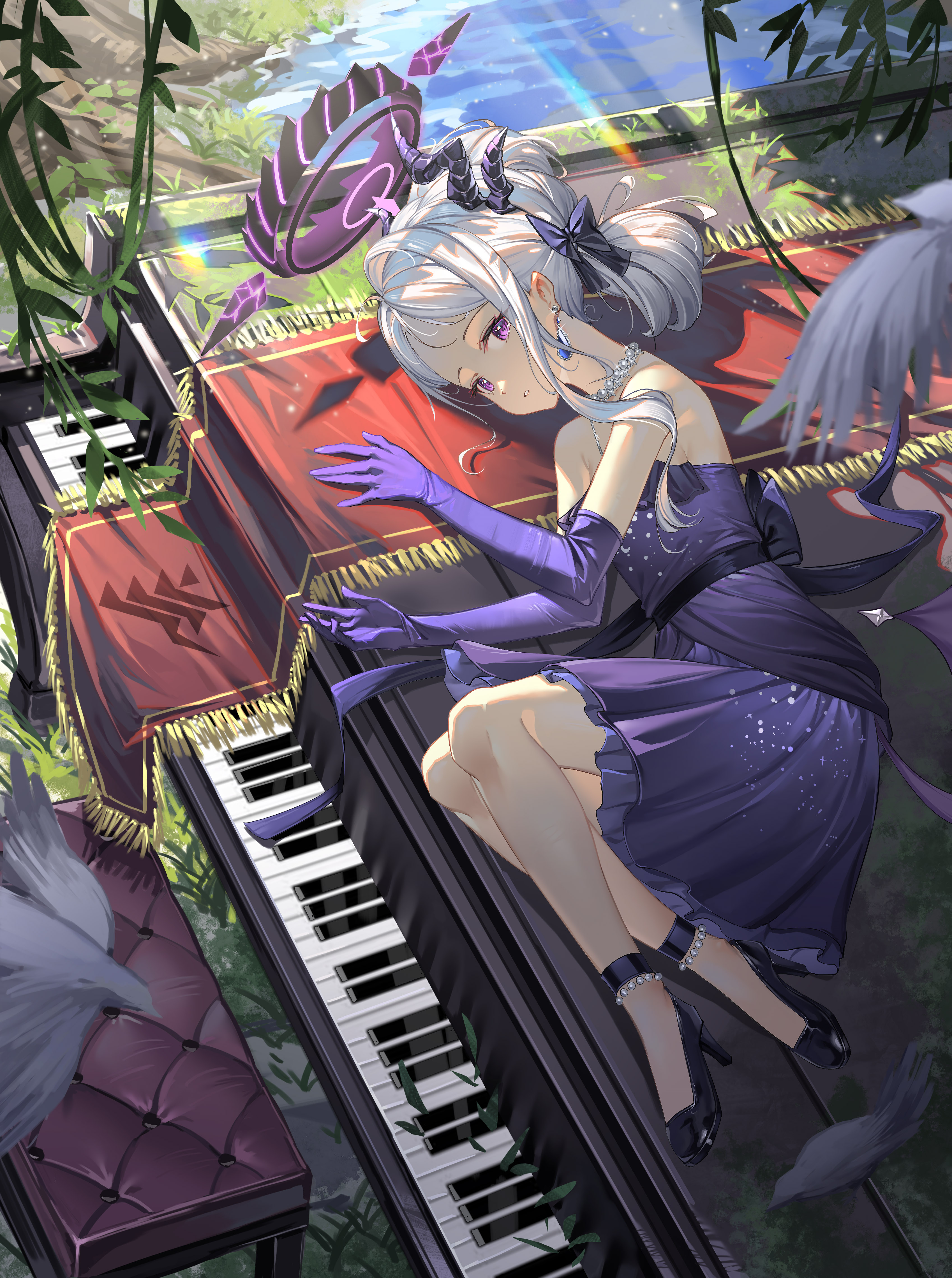 Anime 3396x4559 anime anime girls portrait display piano al guang elbow gloves looking at viewer dress lying down lying on side Sorasaki Hina (Blue Archive) Blue Archive gloves purple gloves bent legs musical instrument frills gem earrings short hair purple eyes white hair hair bows sunlight leaves water grass heels black heels pearls pearl necklace earring purple dress horns strapless dress jewelry bench