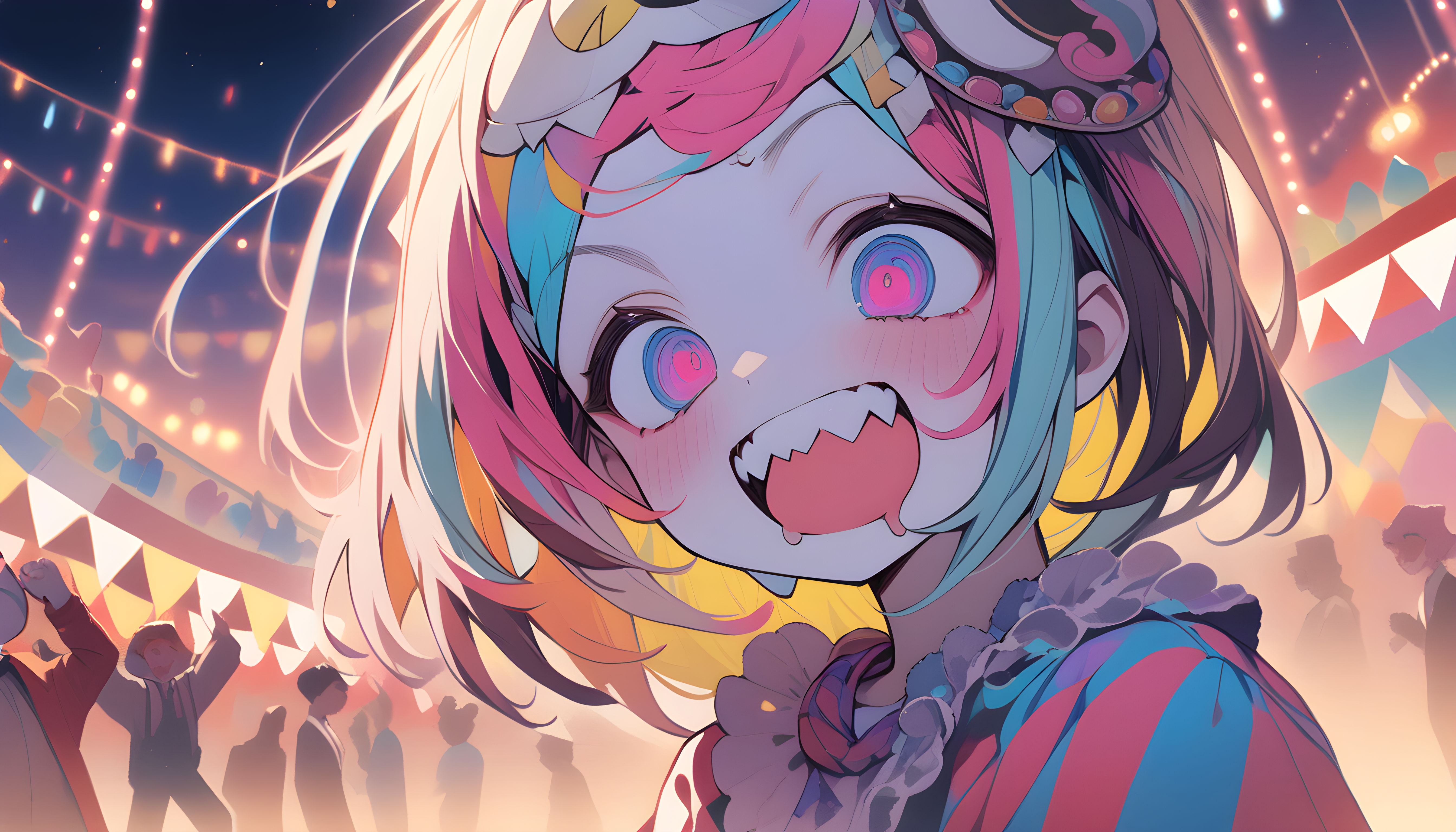 Anime 5376x3072 AI art anime girls abstract Stable Diffusion cinematic open mouth looking at viewer short hair multi-colored hair lights pointy teeth closeup blushing
