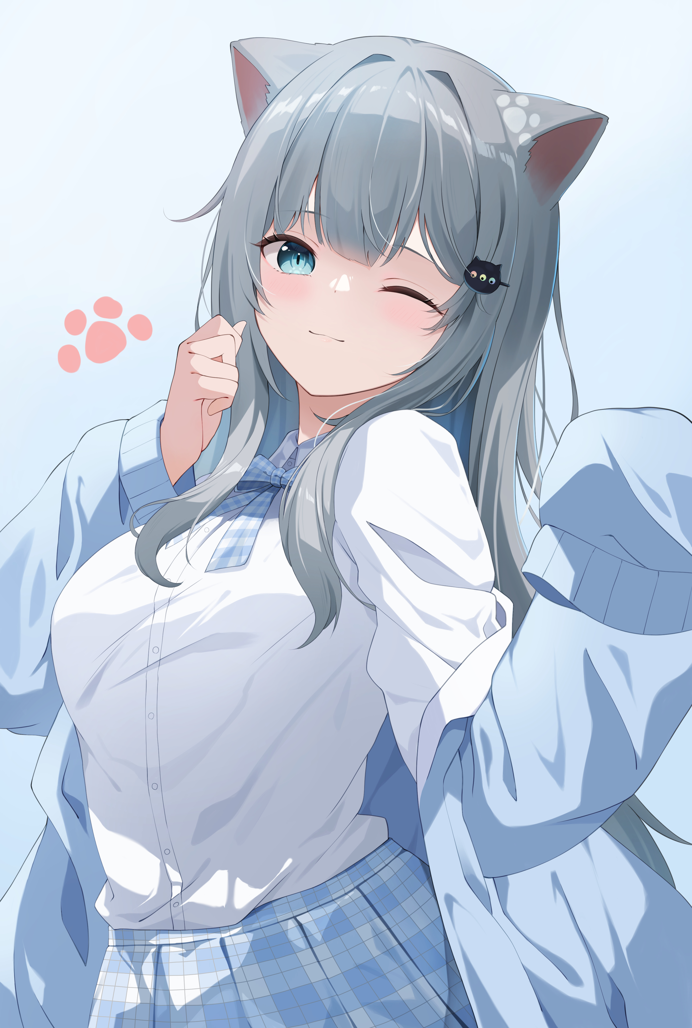 Anime 2758x4093 nacho neko anime anime girls blue eyes gray hair oversized outfit wink indie virtual youtuber schoolgirl school uniform cat girl looking at viewer portrait display jacket one eye closed long hair hair ornament smiling closed mouth blushing blue ribbons cat ears hair clip