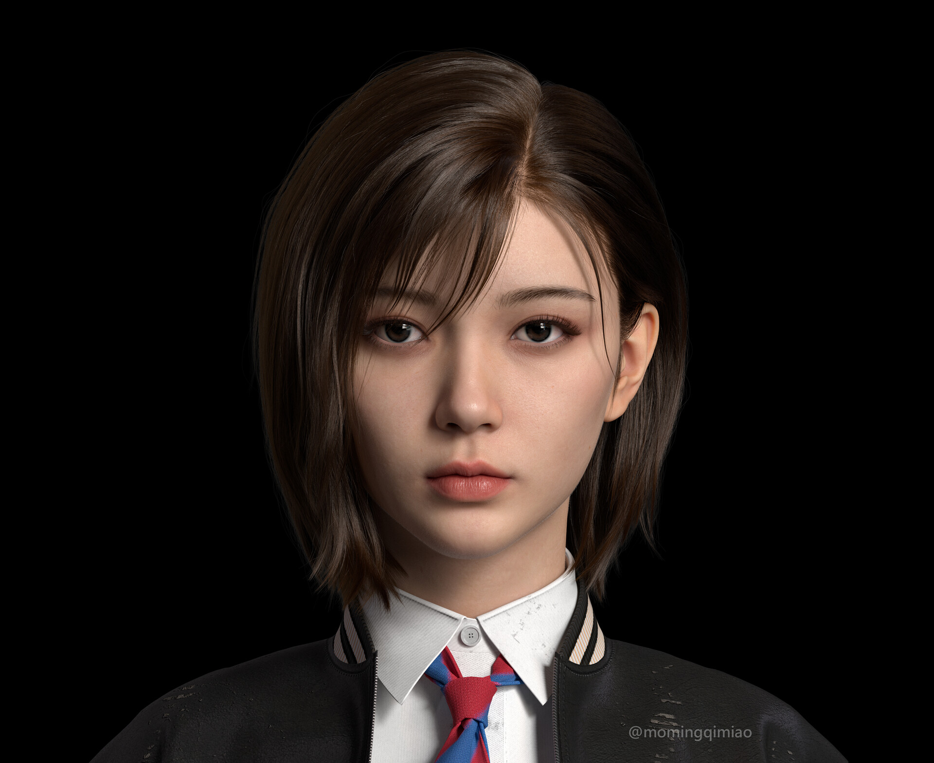 General 1920x1568 Moming Qimiao CGI women short hair portrait necktie simple background closeup watermarked people black background face frontal view closed mouth brunette looking at viewer juicy lips collared shirt Asian brown eyes digital art