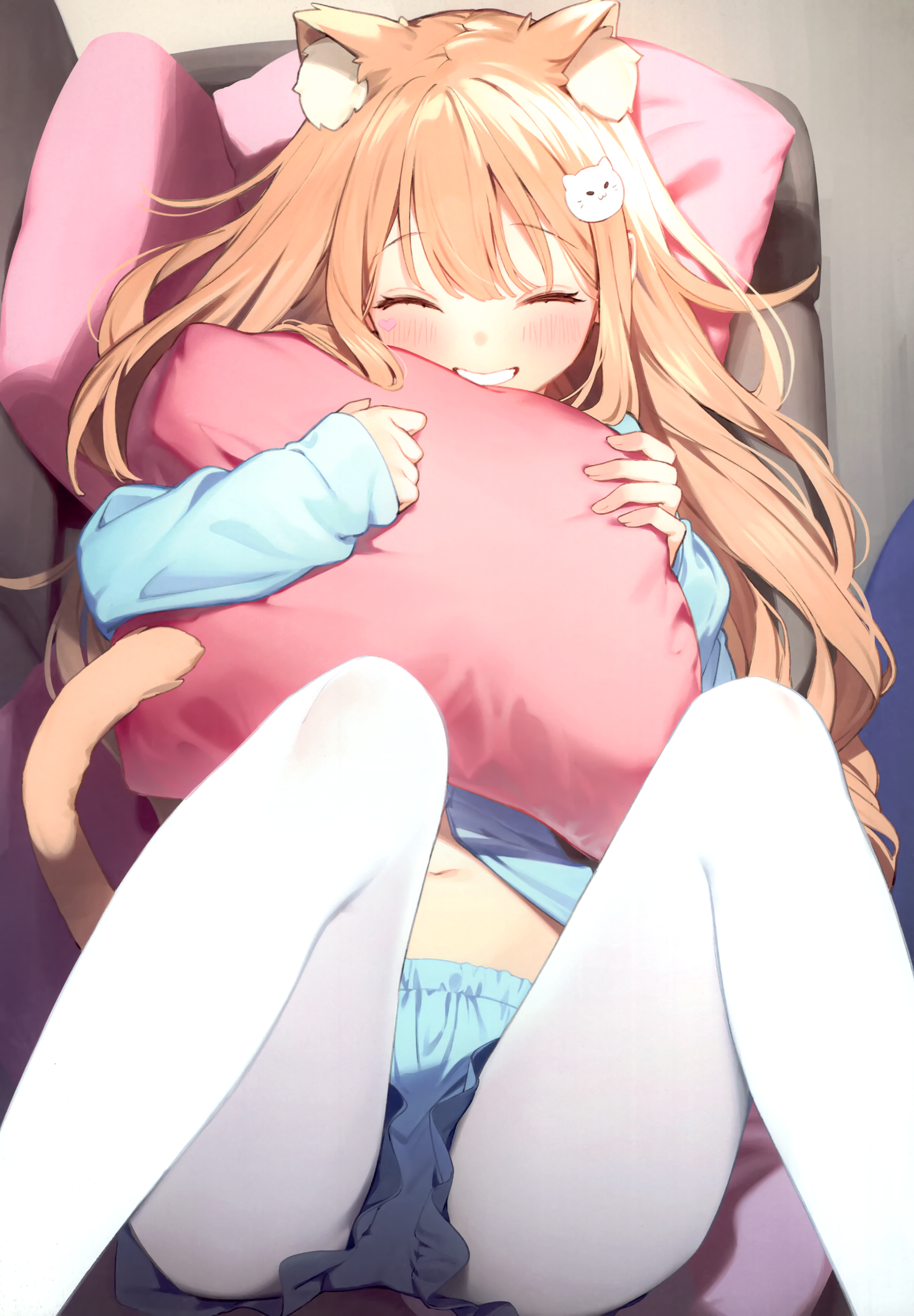 Anime 2406x3464 anime anime girls white stockings smiling pillow original characters Nyum Serori closed eyes lying down lying on back portrait display long hair hair ornament blonde bent legs long sleeves cat girl cat ears cat tail belly button hair between eyes couch