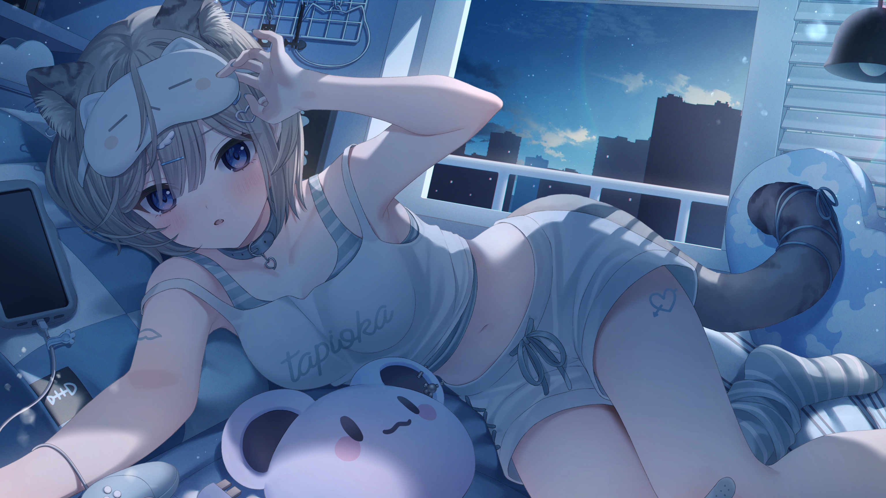 Anime 3072x1728 tail anime anime girls building cat girl bedroom phone bare midriff gray hair blue eyes Jimmy Madomagi collar women indoors shorts open mouth sleep mask looking at viewer cat ears cat tail hair between eyes sky clouds belly lying down lying on side one arm up indoors short hair band-aid bed socks tattoo heart (tattoo) natural light