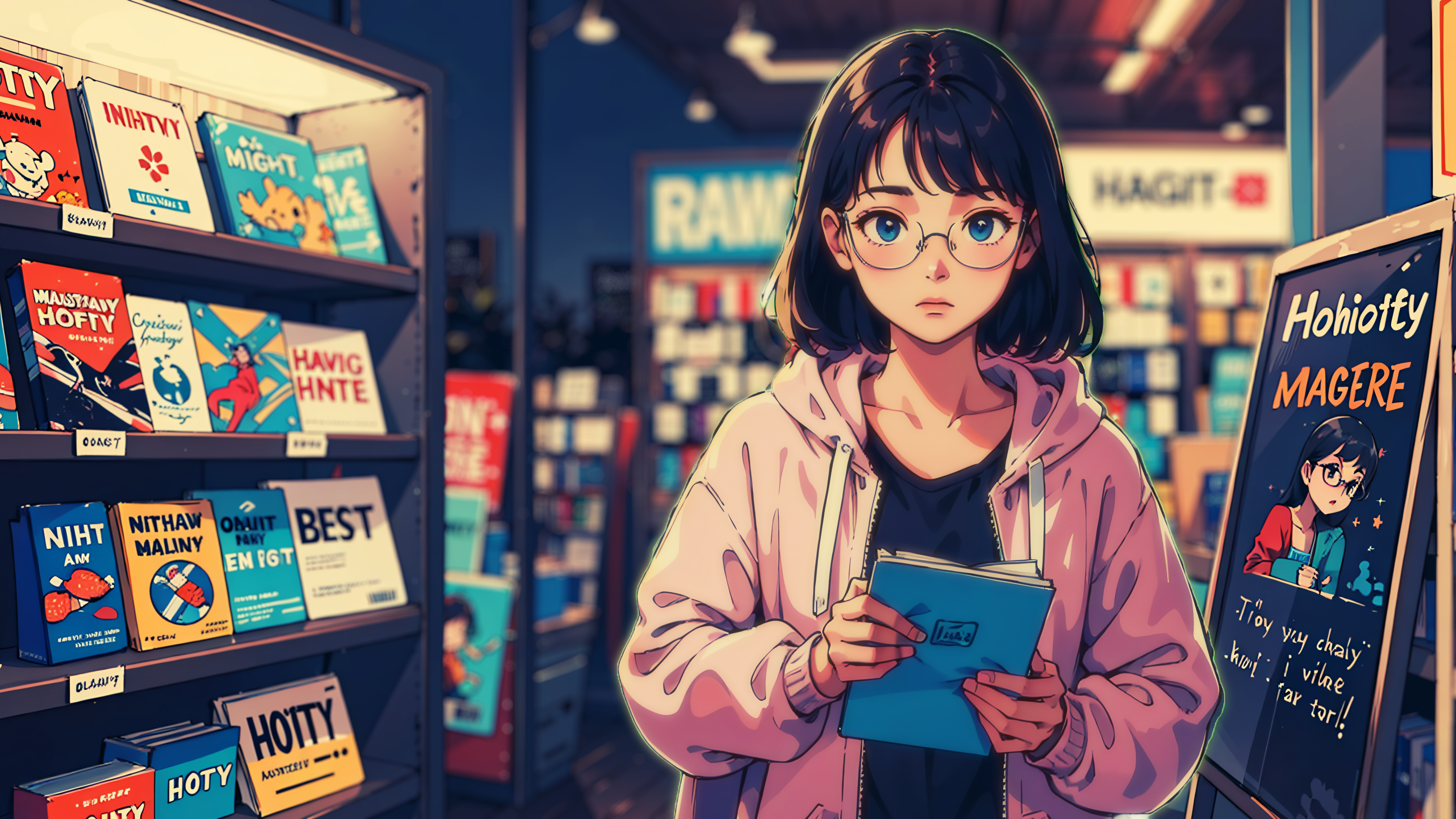 Anime 3840x2160 neon night AI art blurry background stores glasses looking at viewer pink hoodie blue eyes depth of field short hair women with glasses books anime girls collarbone closed mouth open jacket jacket pink jacket