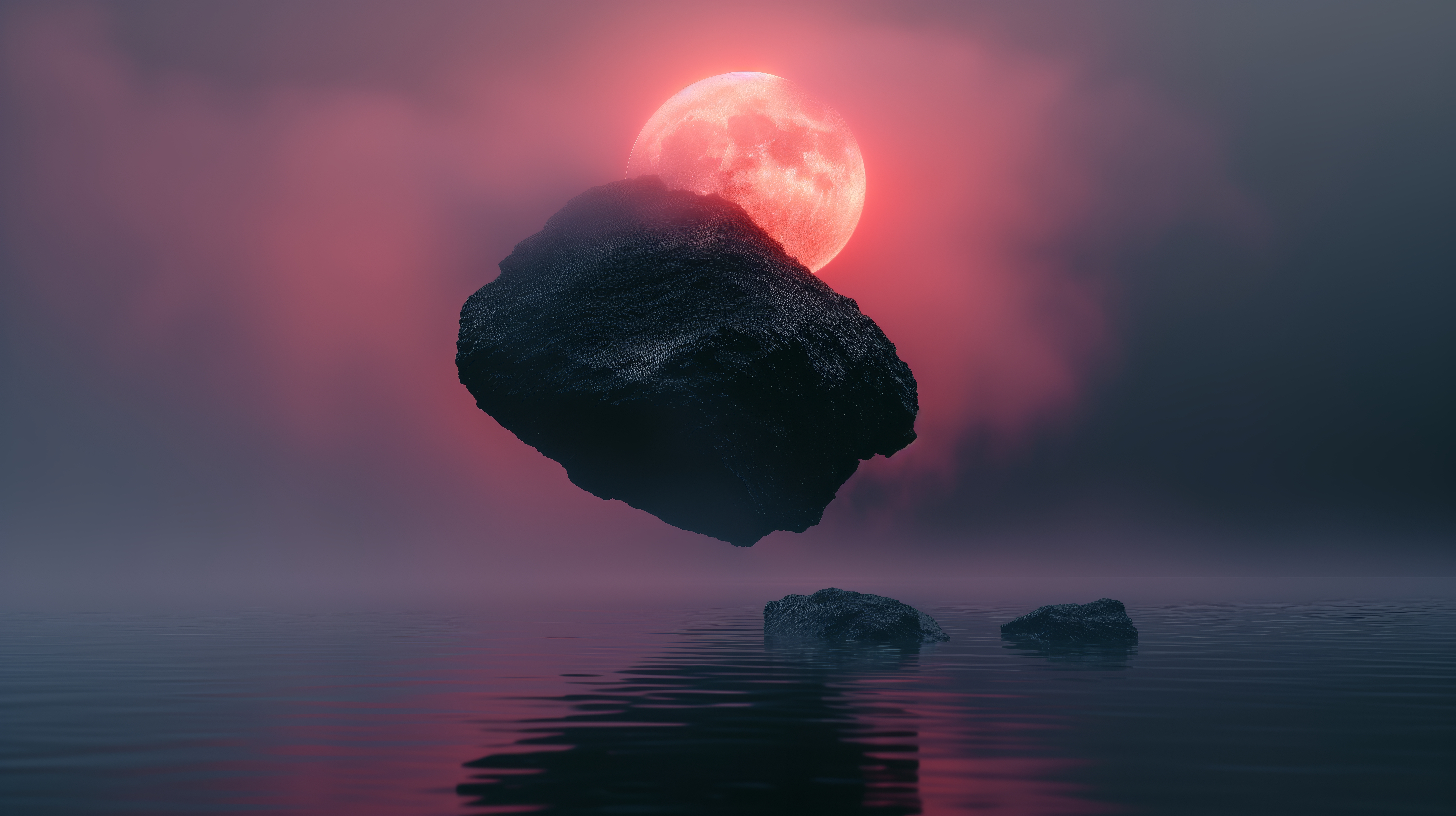 General 5824x3264 AI art illustration floating rocks Moon red water clouds reflection red moon full moon