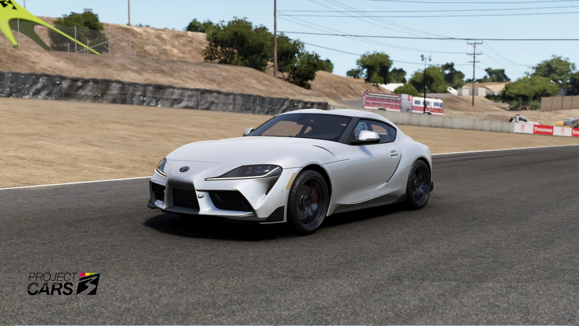 General 1920x1080 desert Toyota GR Supra Laguna Seca Project Cars 3 PlayStation 4 vehicle video game art screen shot video games watermarked power lines headlights frontal view trees sky car road