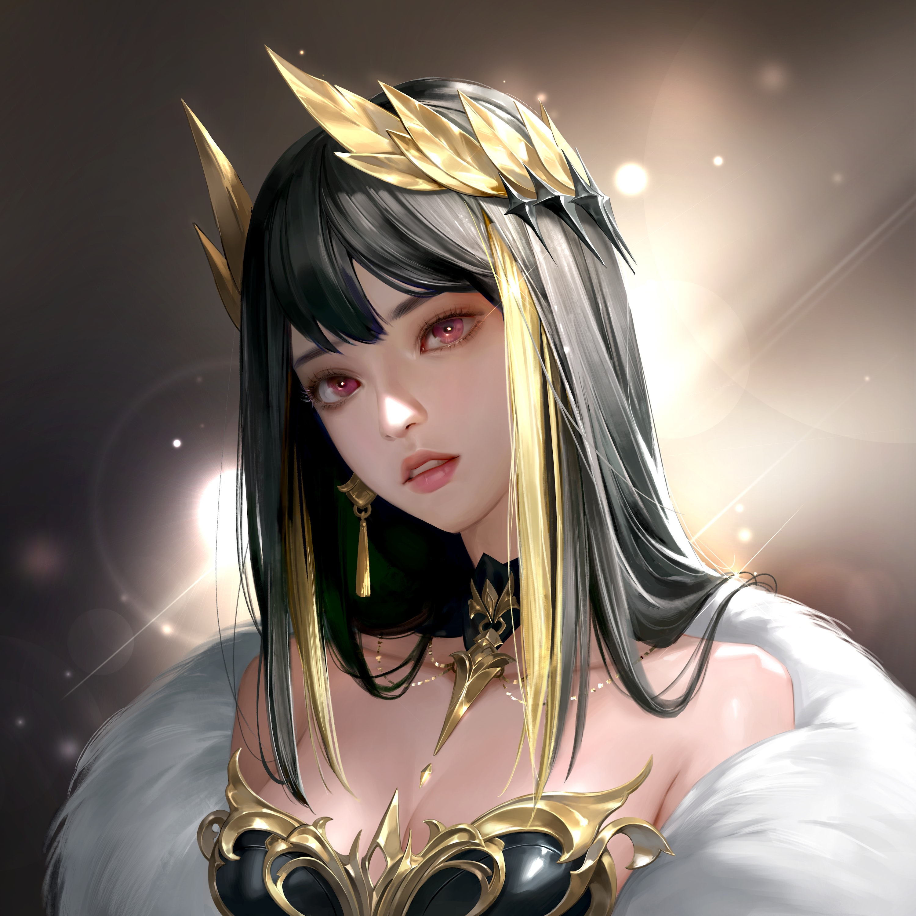 General 3000x3000 digital art artwork illustration women Asian long hair two tone hair portrait looking at viewer earring necklace crown lizchief collarbone parted lips juicy lips simple background bokeh bare shoulders fur trim