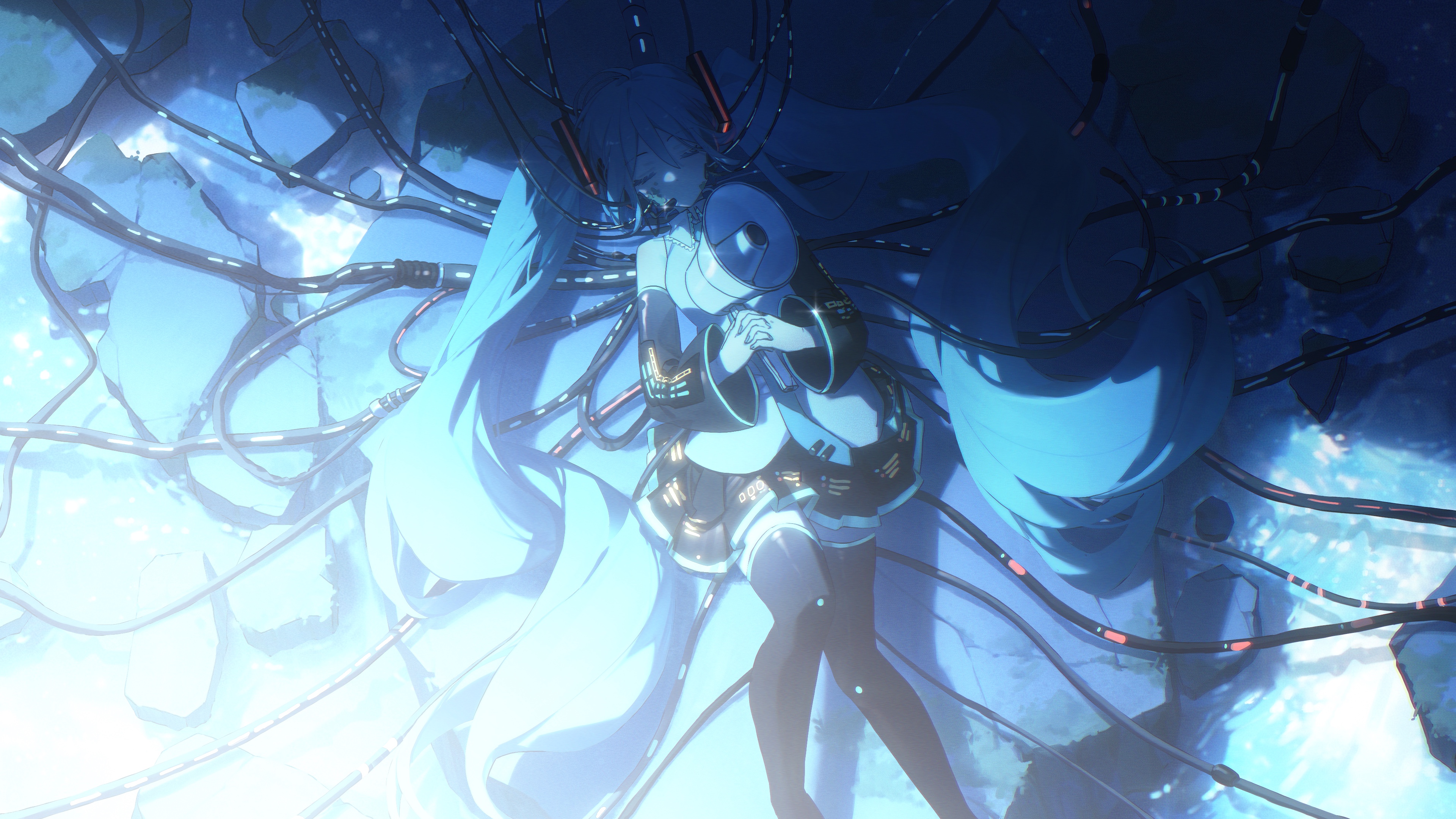 Anime 3840x2160 Hatsune Miku anime anime girls Pixiv twintails Konya Karasue Vocaloid long hair detached sleeves cables lying down lying on back thigh-highs megaphones water rocks skirt black thigh highs bright closed eyes wide sleeves long sleeves blue hair
