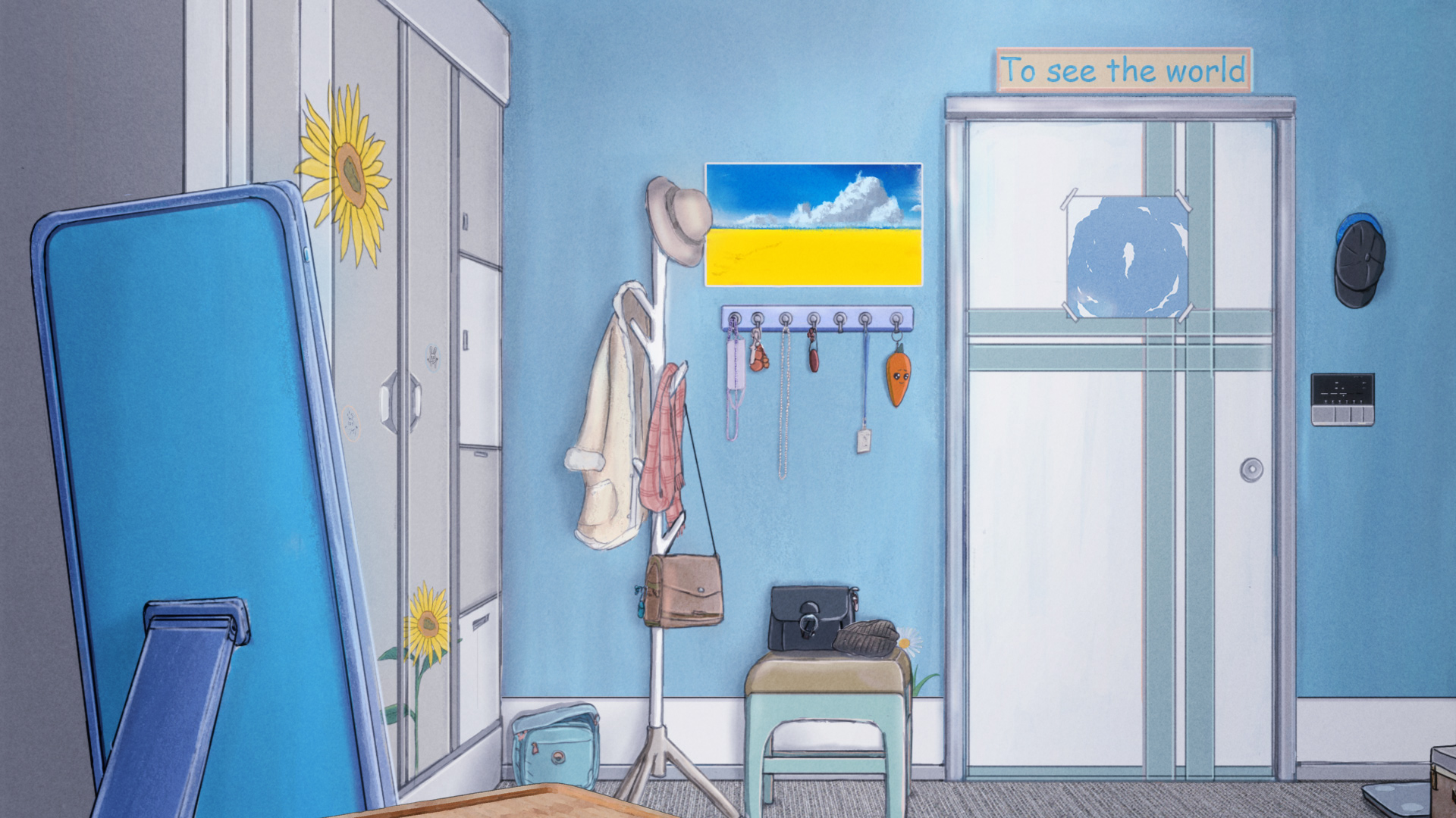 Anime 1920x1080 digital art anime winter room living rooms sunflowers picture-in-picture wardrobe