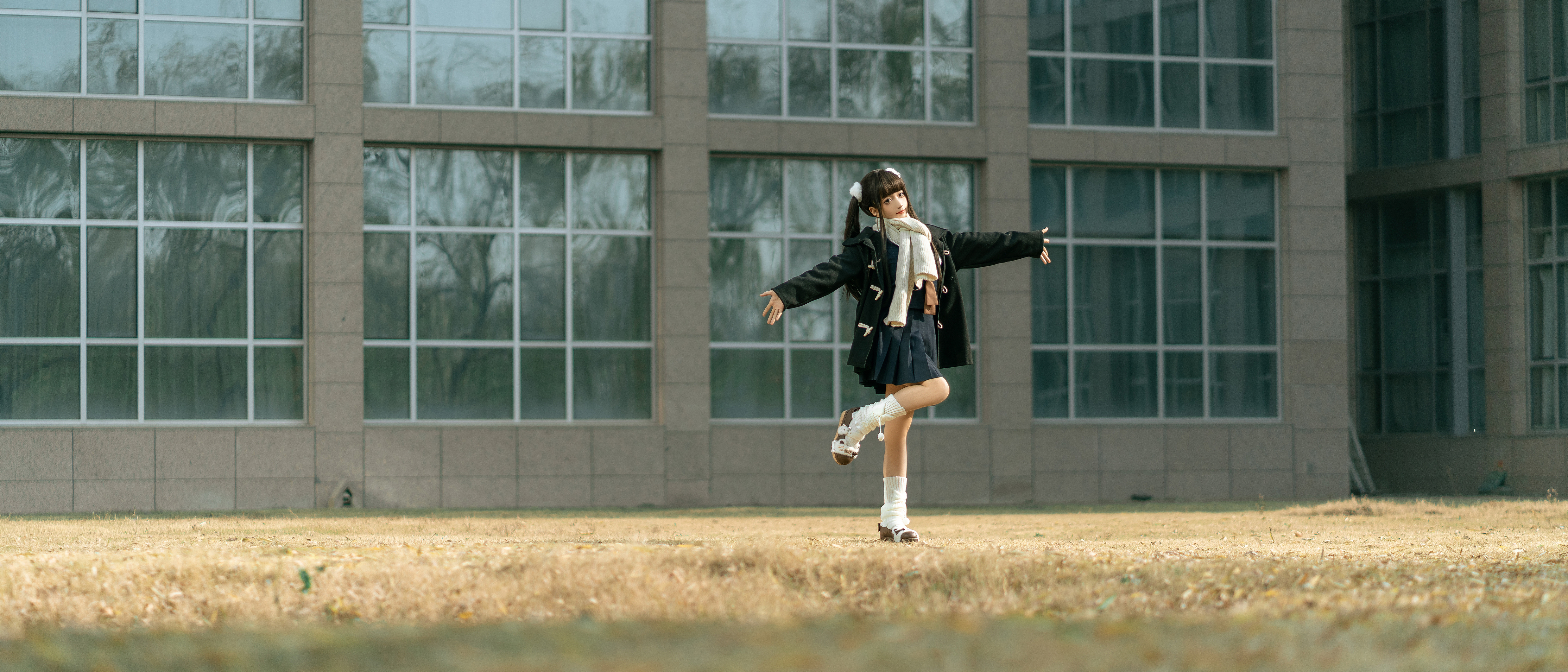 People 4952x2122 Chun Momo women model Asian cosplay JK schoolgirl twintails women outdoors fall