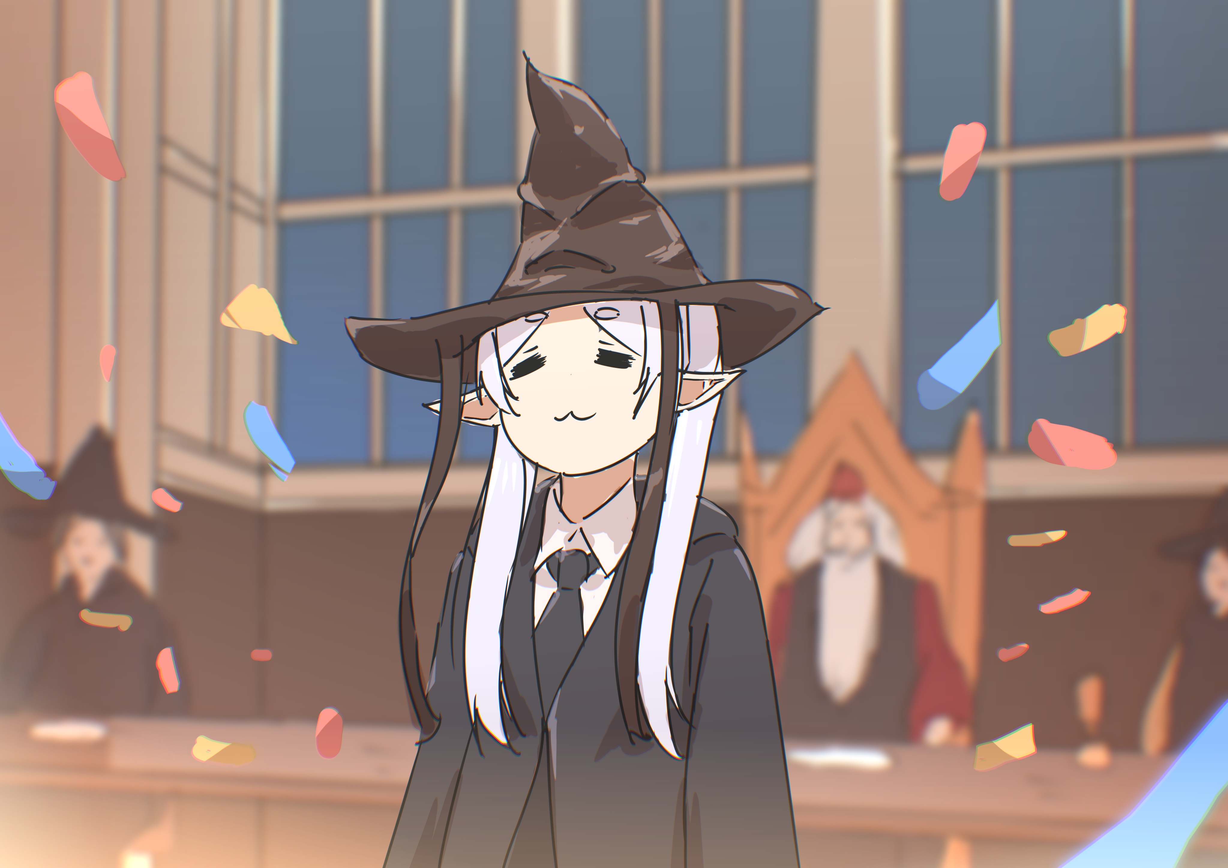Anime 4093x2894 Sousou No Frieren Frieren pointy ears suit and tie anime girls anime white hair smug face witch hat closed eyes