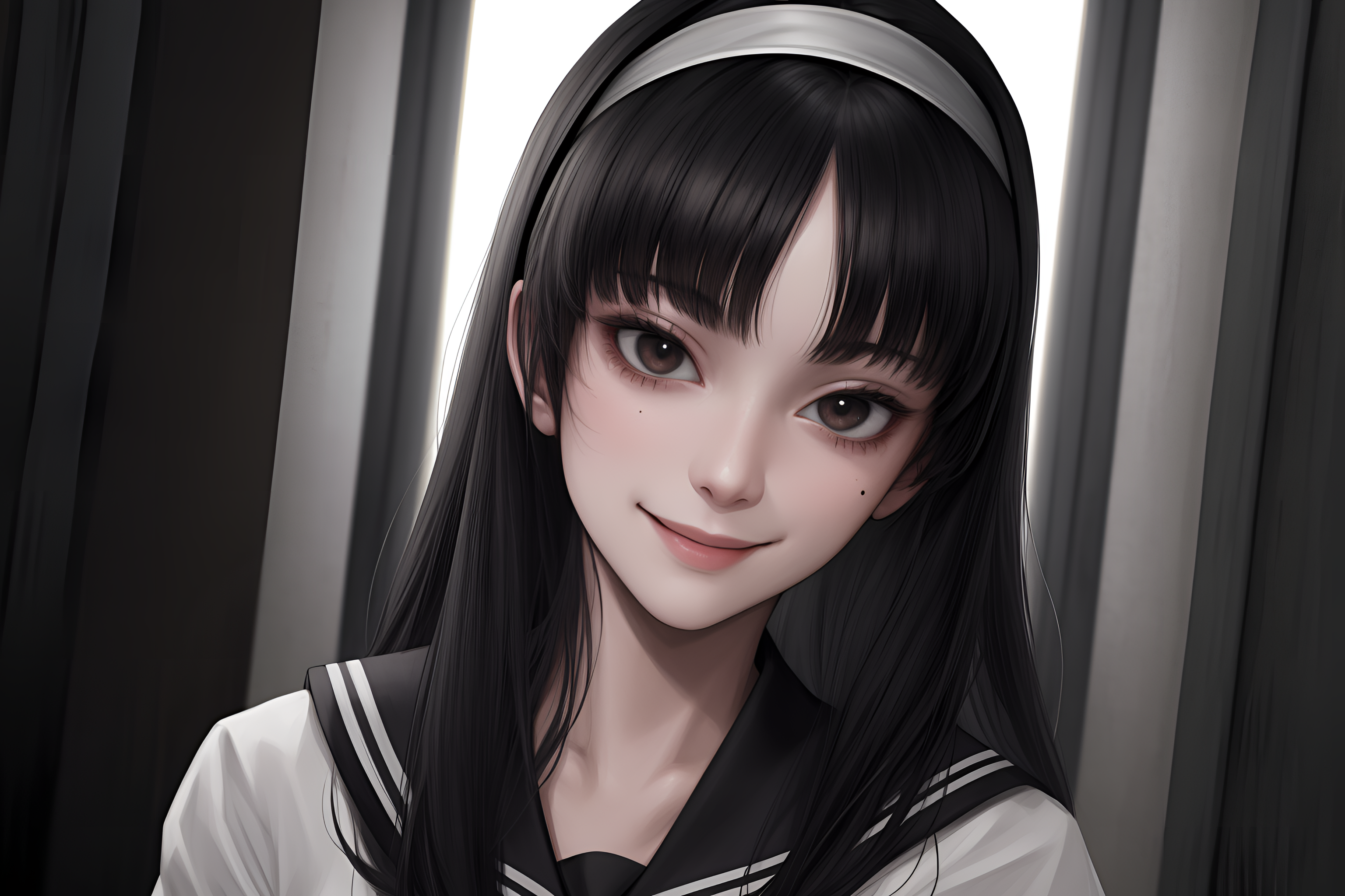 Anime 3072x2048 AI art Tomie Kawakami black hair smiling looking at viewer school uniform hairband dark background anime
