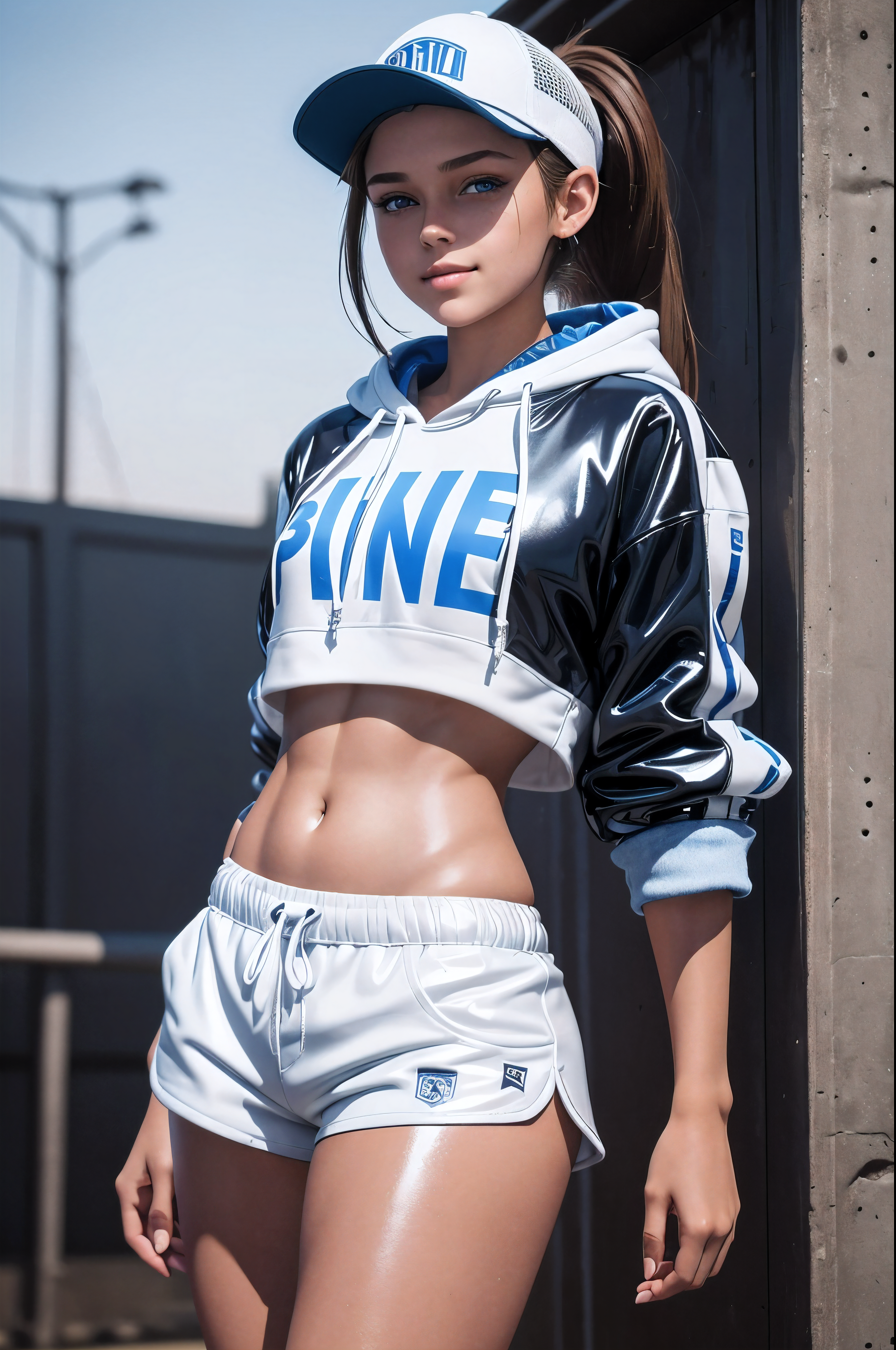 General 2720x4096 crop top short shorts black hair blue eyes AI art brunette portrait display standing looking at viewer ponytail blurry background hat women with hats jacket juicy lips sunlight rolled sleeves women