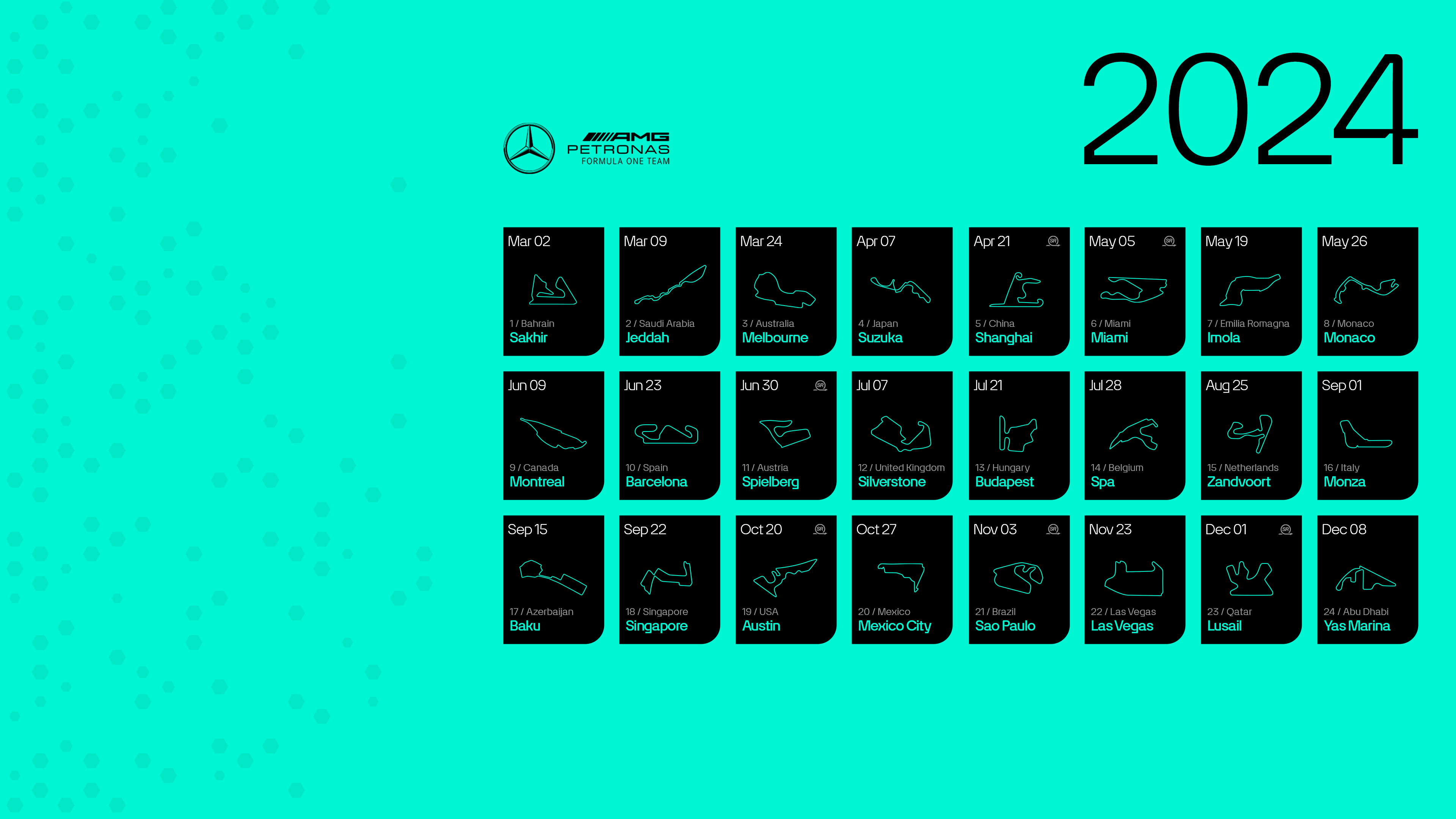 General 3840x2160 Mercedes F1 map Formula 1 calendar simple background logo digital art 2024 (year) teal background month numbers
