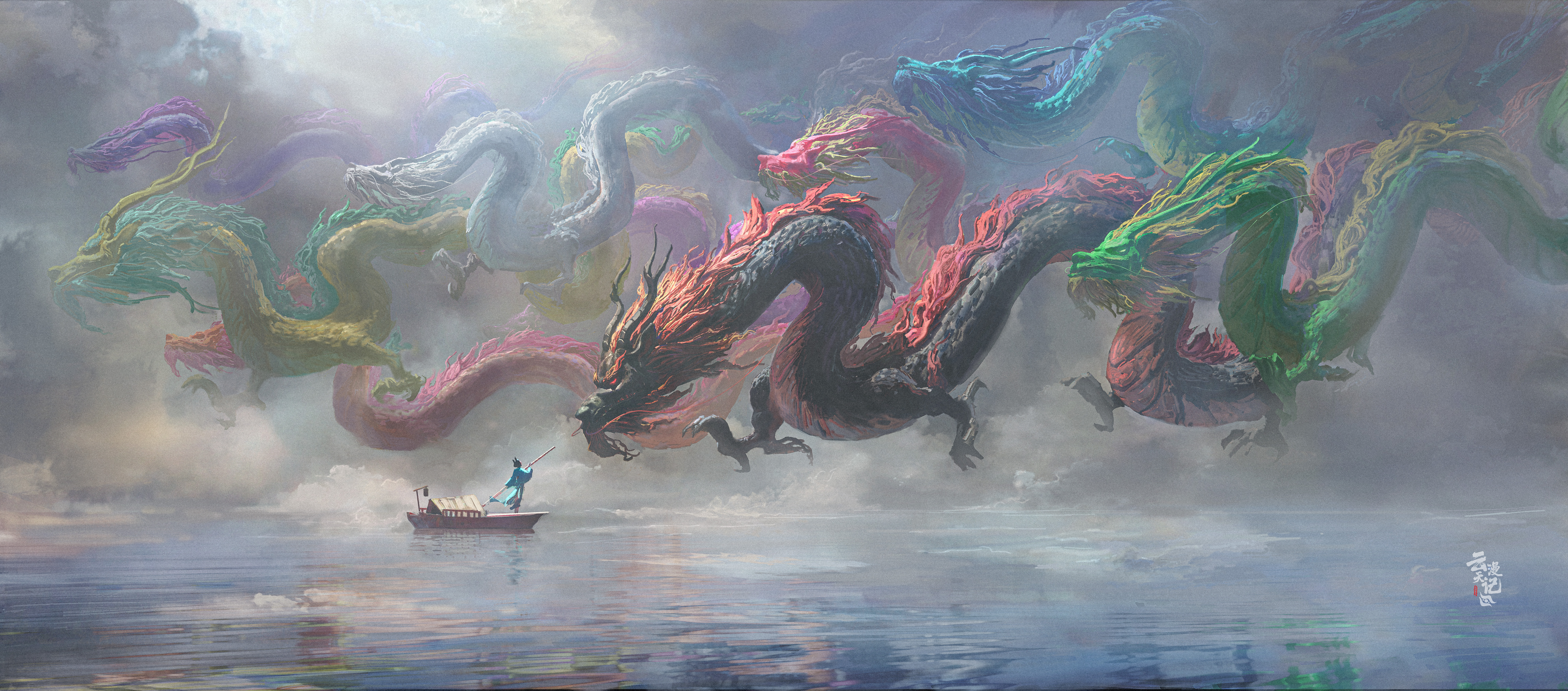 General 7939x3500 chibaolin digital art artwork illustration fantasy art dragon animals sea boat water wide screen watermarked ultrawide mist Chinese dragon