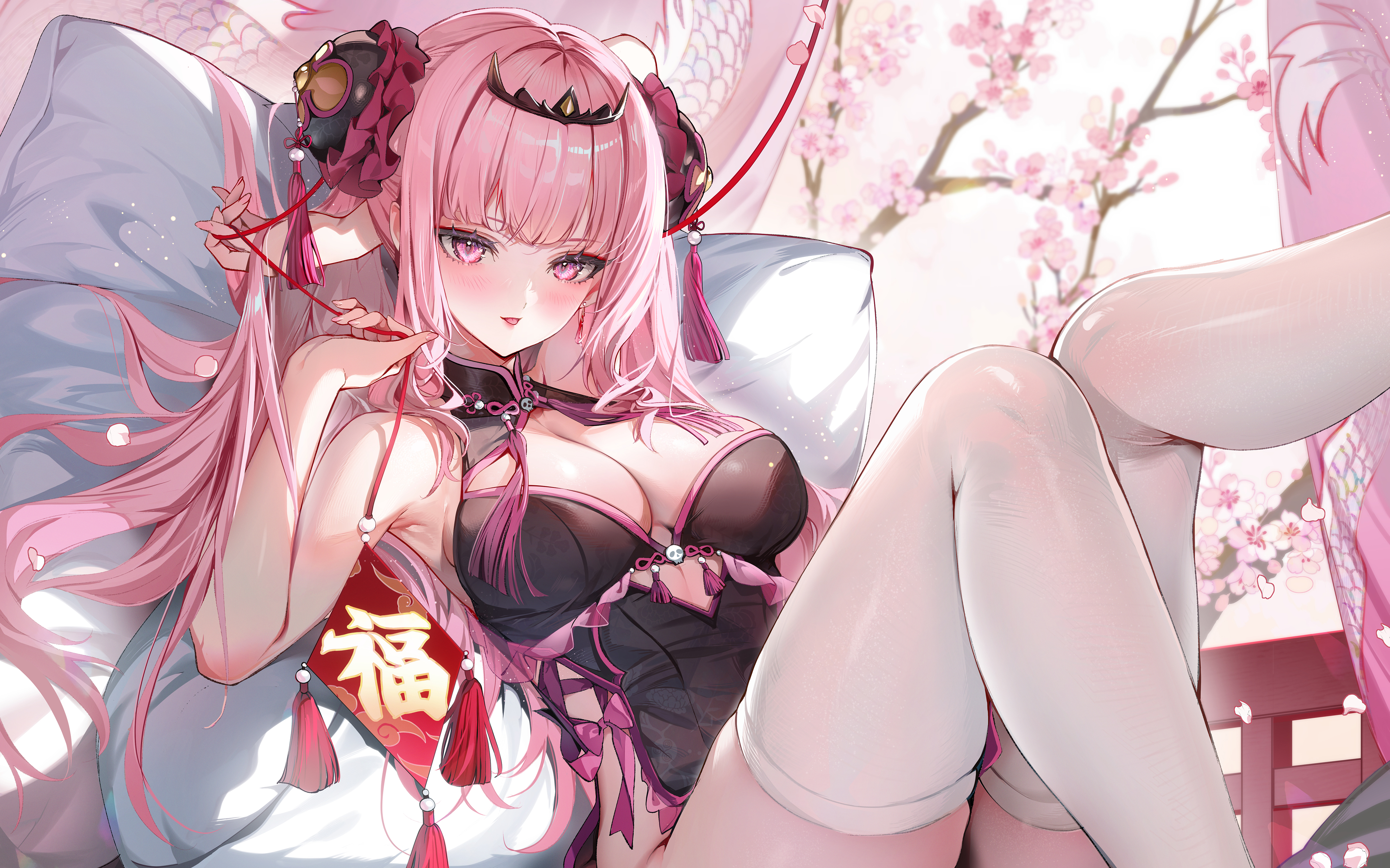 Anime 4004x2500 Hololive Mori Calliope chinese clothing cleavage anime anime girls AkiZero dress flowers pink eyes pink hair bright Pixiv looking at viewer big boobs white thigh highs lying down bare shoulders lying on back long hair tassels kanji legs bent legs tongue out thigh-highs arms up petals branch pink