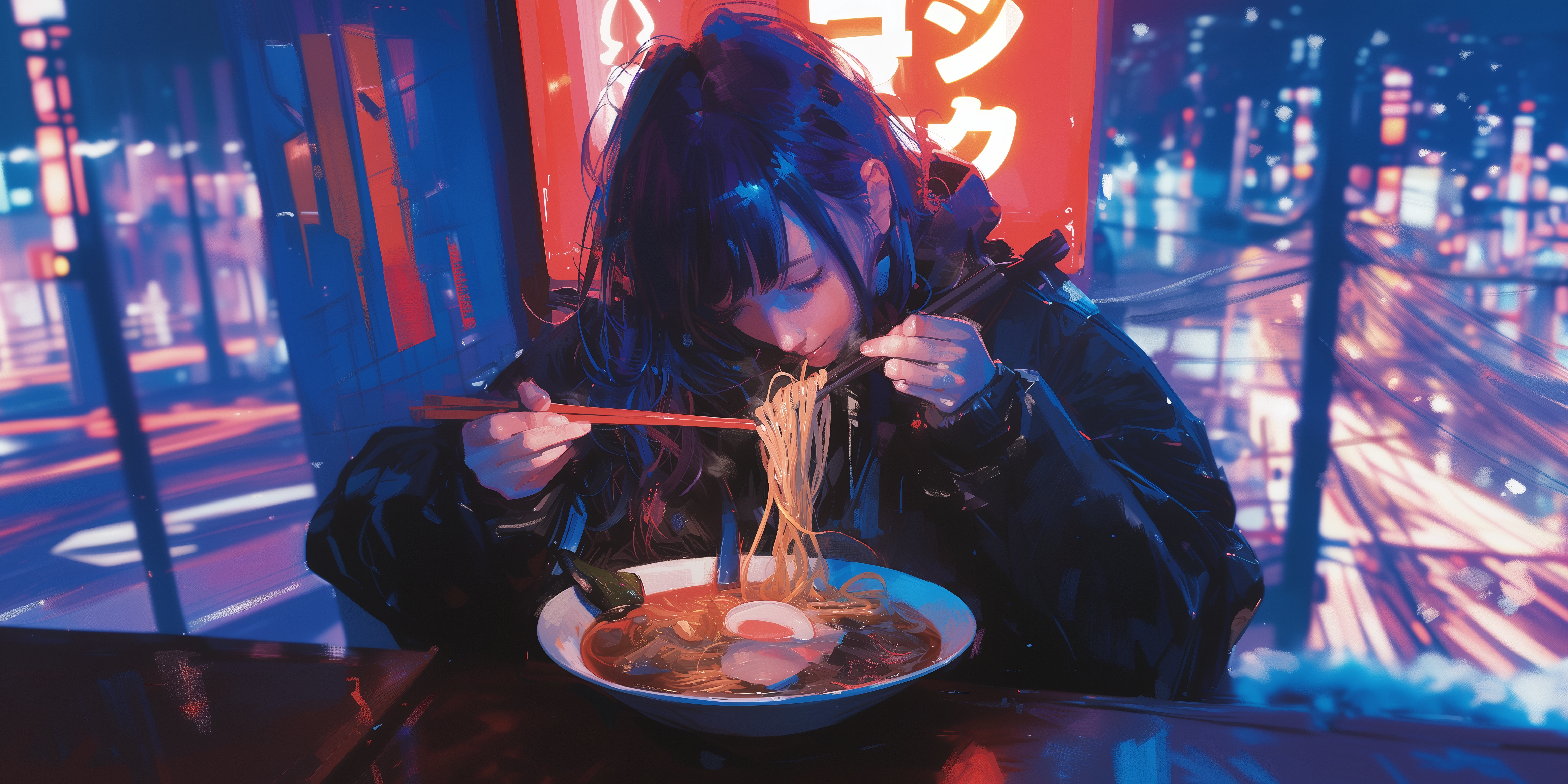 Anime 6144x3072 AI art illustration women eating noodles blue city painting chopsticks food bowls sitting long hair city lights long sleeves jacket ramen signs lights