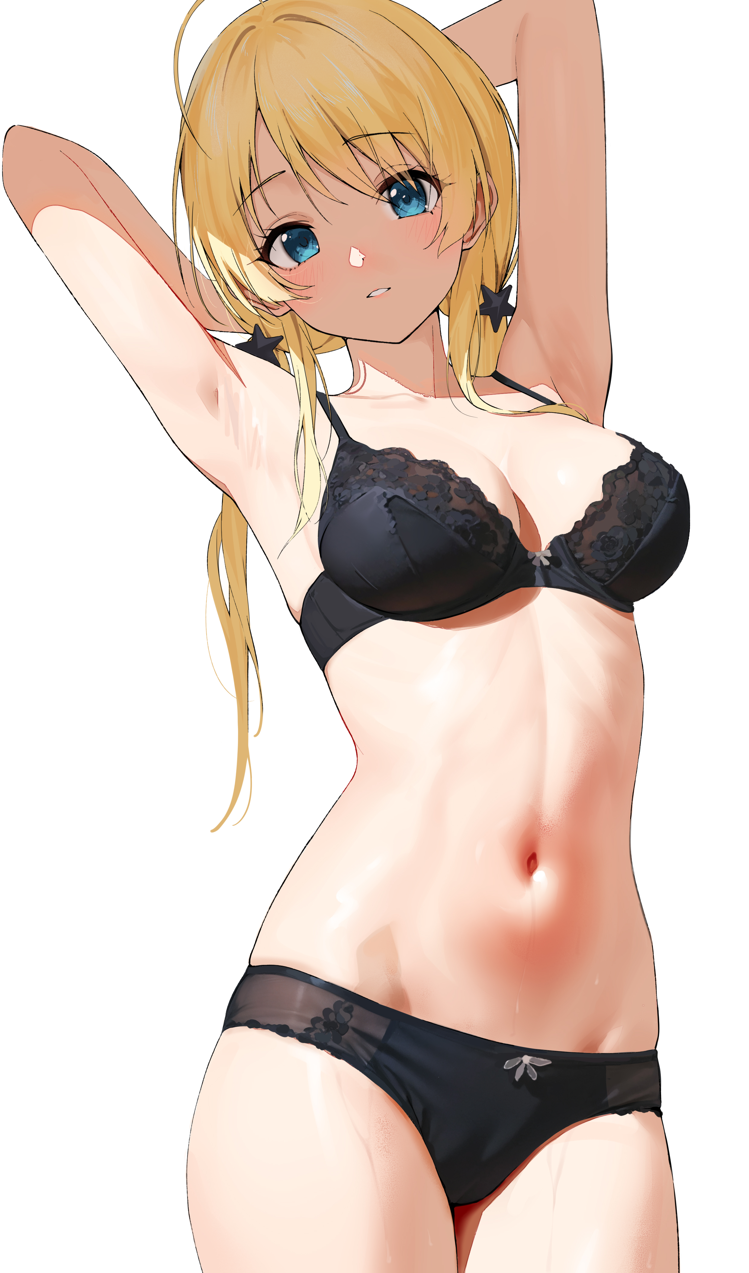 Anime 2480x4217 anime anime girls GIn00 THE iDOLM@STER THE iDOLM@STER: Shiny Colors Hachimiya Meguru skinny black underwear standing underwear arms up looking at viewer long hair simple background belly white background blonde blue eyes portrait display collarbone slim body armpits parted lips boobs arm(s) behind head