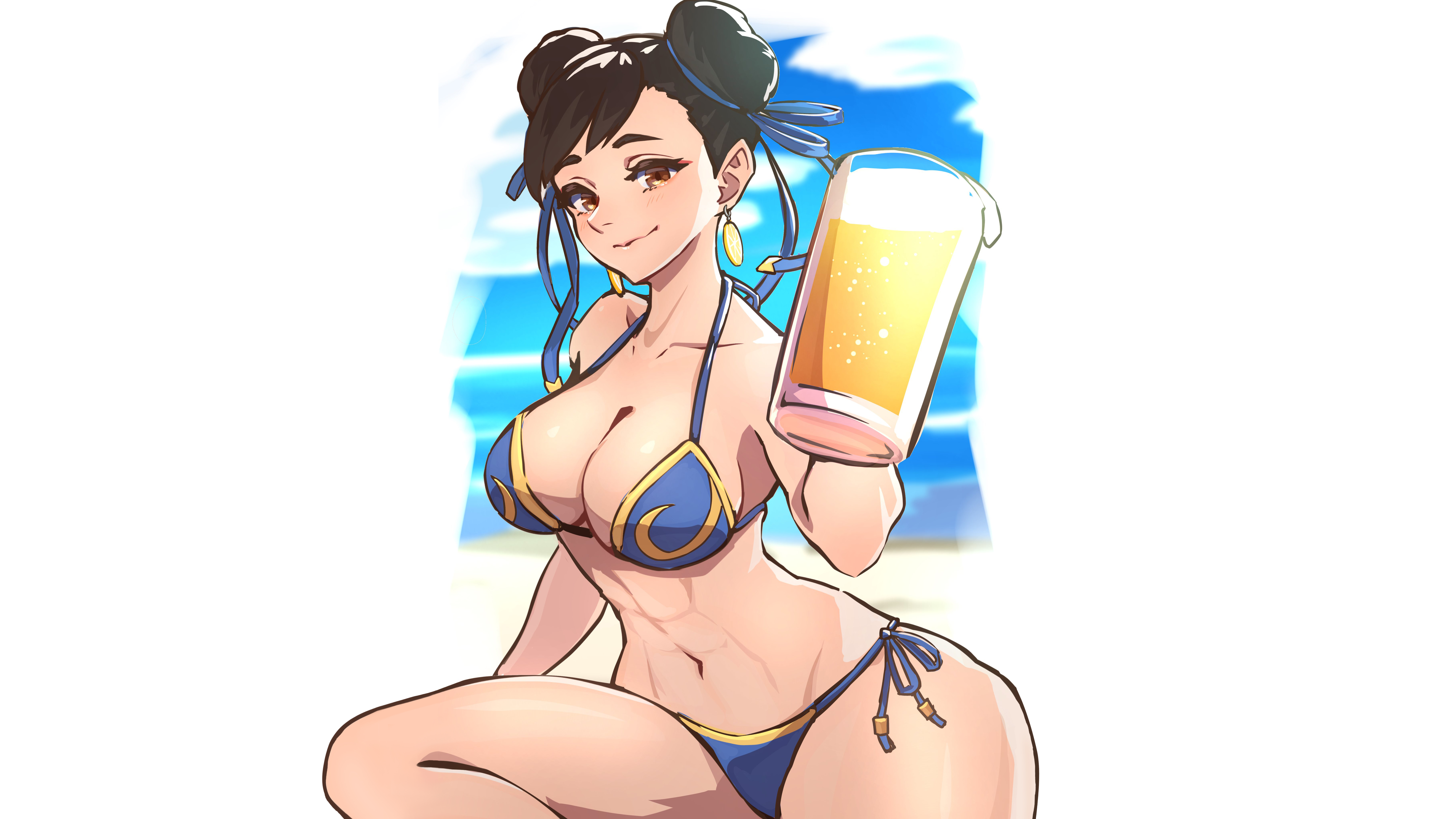 Anime 7276x4093 simple background alternate costume bangs Chun-Li Street Fighter drink twin buns bikini blue bikini white background straps boobs big boobs cleavage looking at viewer brunette earring belly button bare midriff bare shoulders thighs wide hips AP_Cammy video game girls beach video games closed mouth video game characters beer collarbone