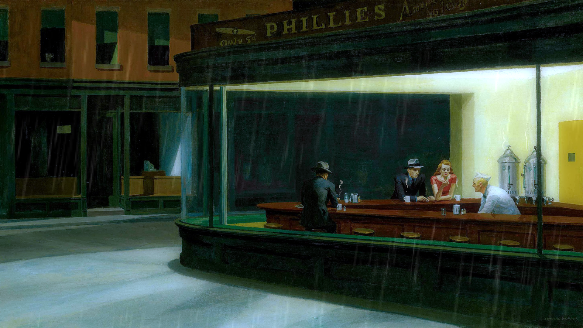 General 1919x1080 night diner rain digital art Edward Hopper Nighthawks sitting hat men with hats stools men women suit and tie short sleeves long sleeves building sidewalks