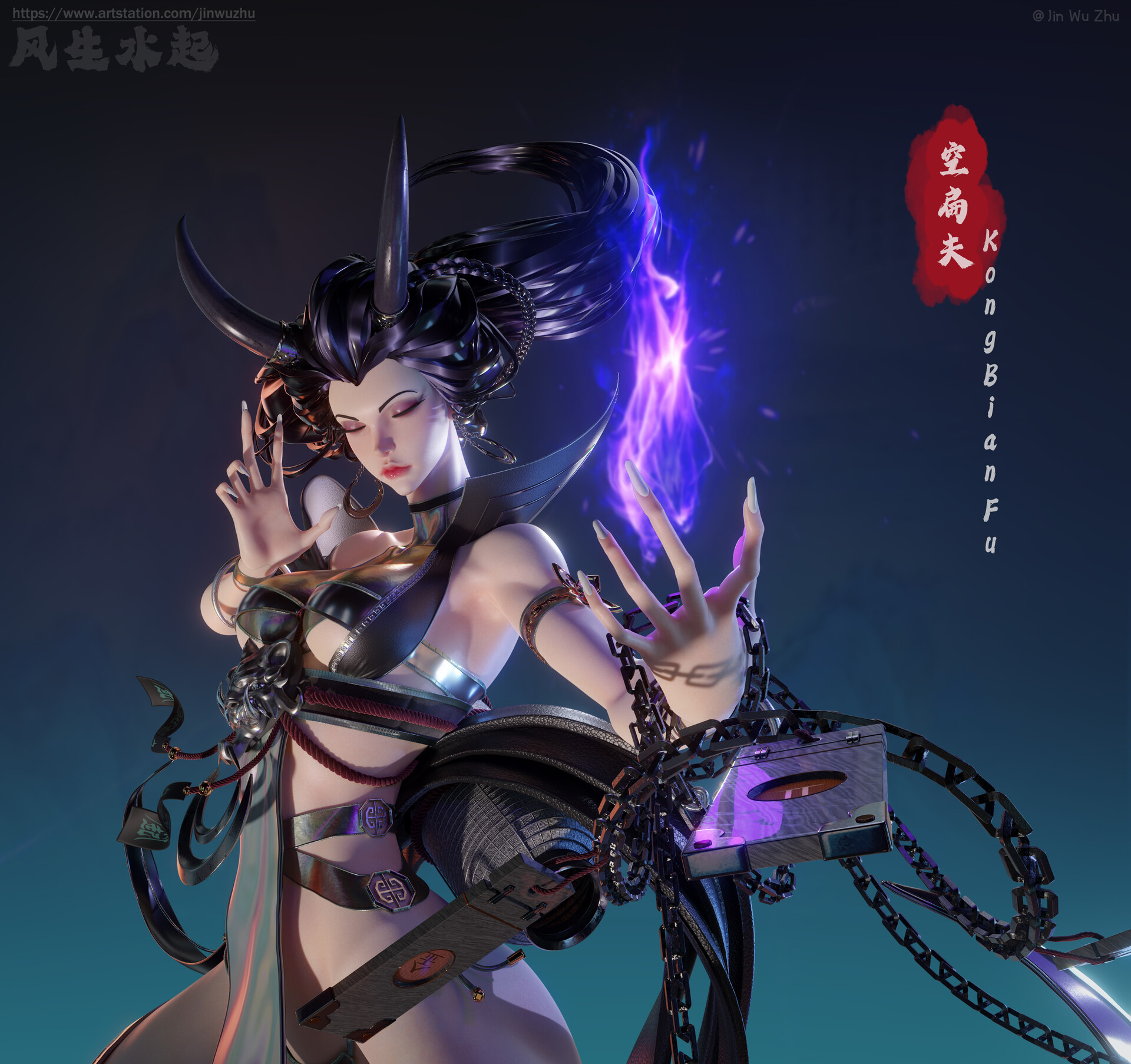 General 1920x1806 Jin WuZhu women spell skimpy clothes simple background CGI closed eyes fantasy art fantasy girl long hair horns closed mouth long nails white nails chains slim body big boobs watermarked digital art