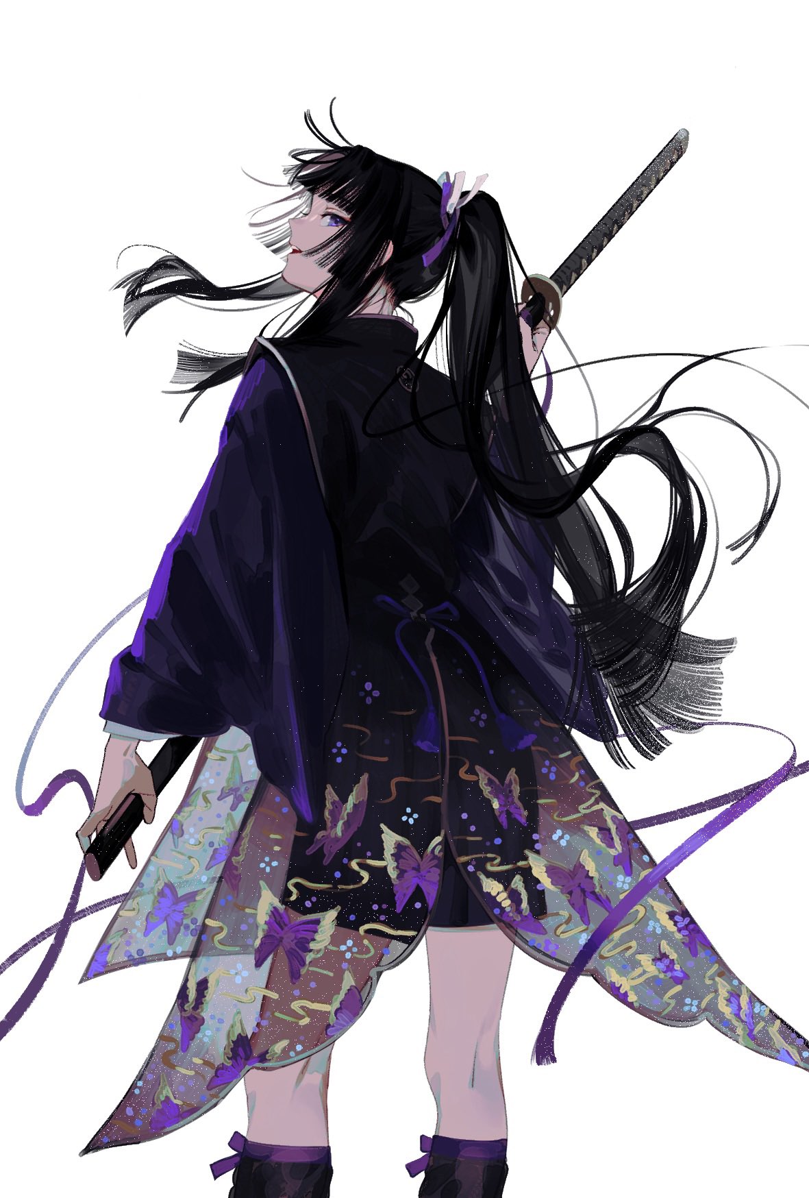 Anime 1181x1748 Kazari Tayu anime katana portrait display women with swords insect butterfly long hair anime girls standing looking at viewer ponytail black hair purple eyes white background weapon open mouth