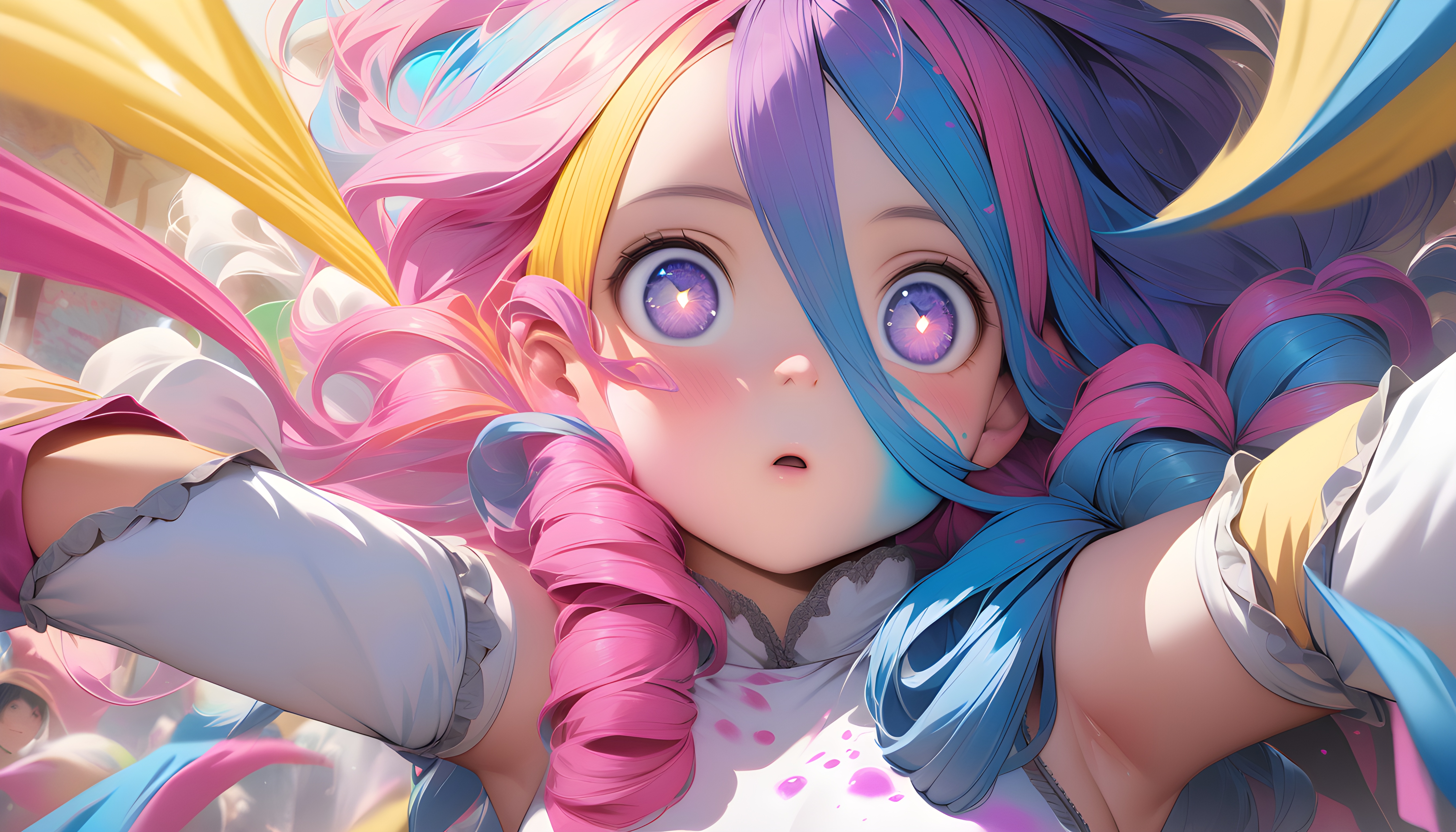 General 5376x3072 anime girls AI art Hyperrealism Color Burst hair between eyes colorful multi-colored hair face long hair parted lips armpits closeup bright
