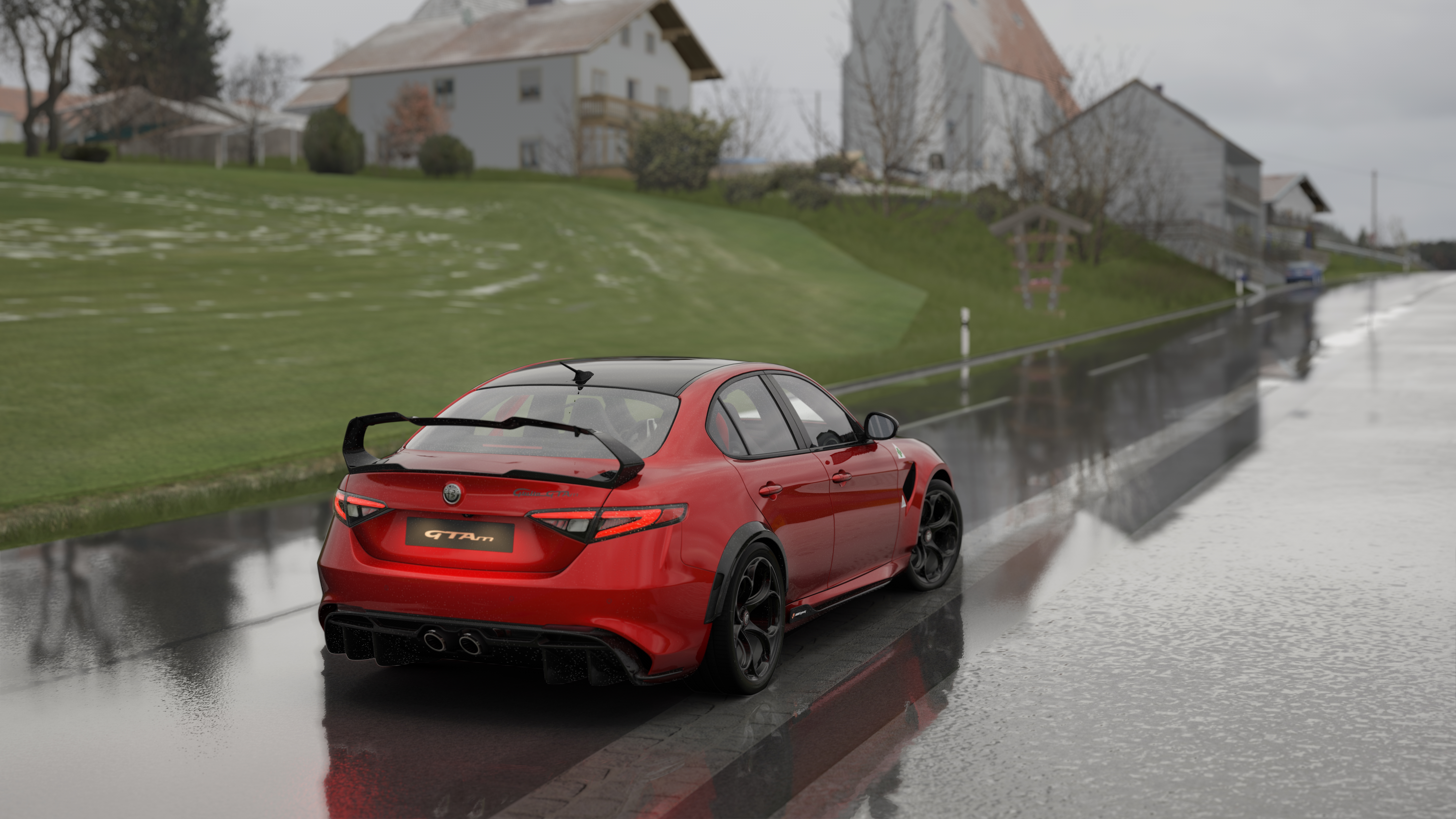 General 7680x4320 Alfa Romeo car Assetto Corsa PC gaming video game art vehicle video games rear view red cars taillights wet wet road CGI reflection building