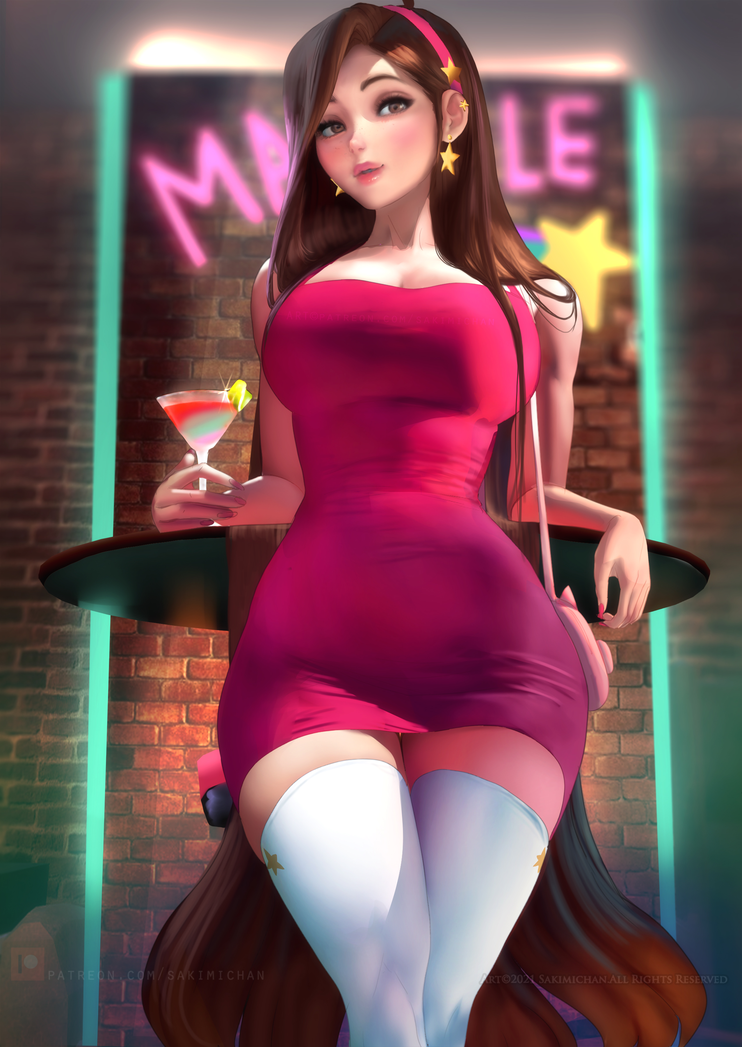General 2551x3600 Mabel Pines Gravity Falls cartoon artwork drawing fan art Sakimichan digital art portrait display standing looking at viewer long hair drinking glass collarbone big boobs white thigh highs thigh-highs slim body table neon skinny thighs purse drink juicy lips parted lips
