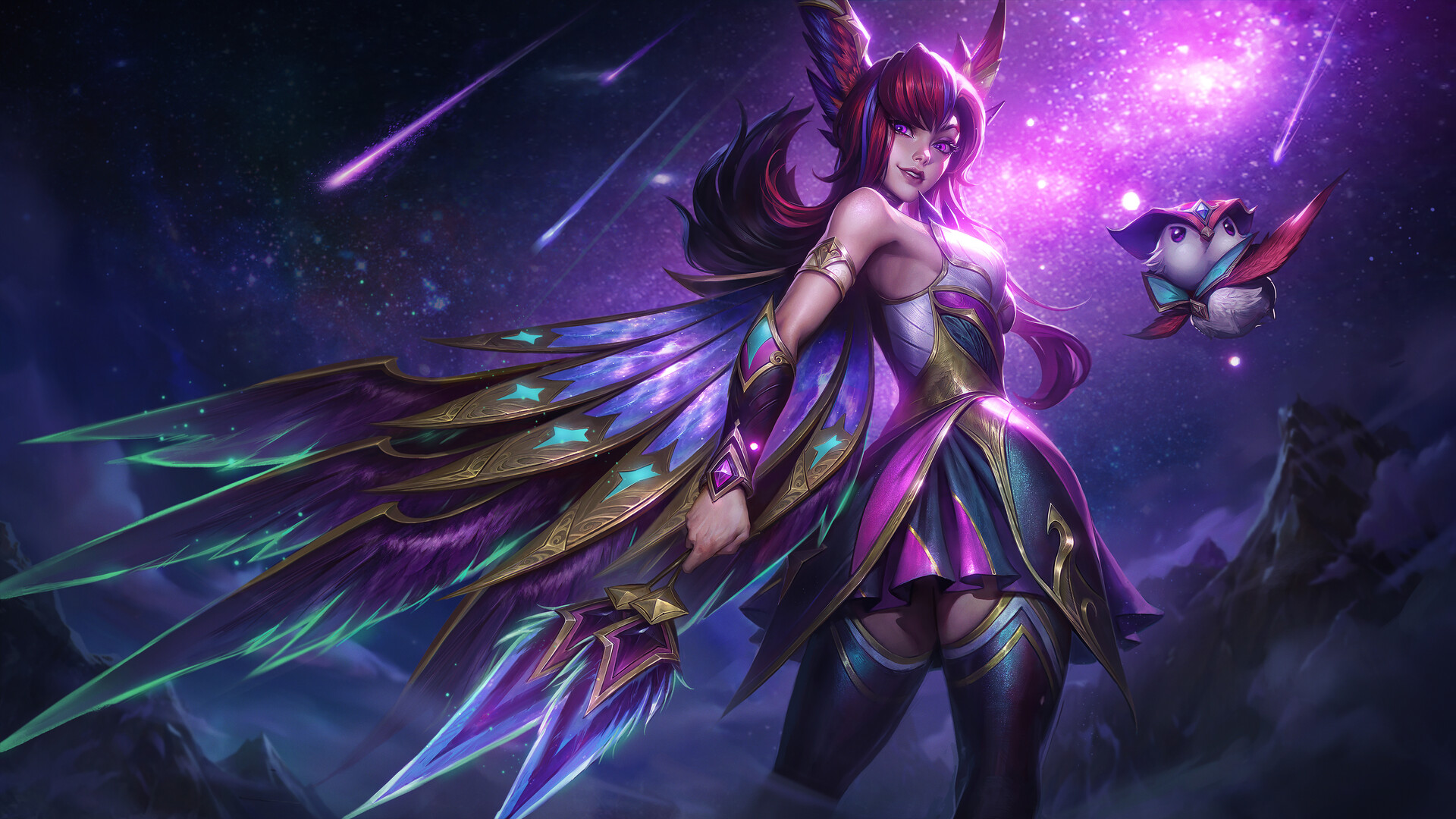 General 1920x1080 Eunice Ye drawing Xayah (League of Legends) wings video game art digital art video games looking at viewer stars video game characters sky League of Legends standing parted lips feathers long hair looking back shooting stars video game girls skirt weapon women outdoors outdoors night