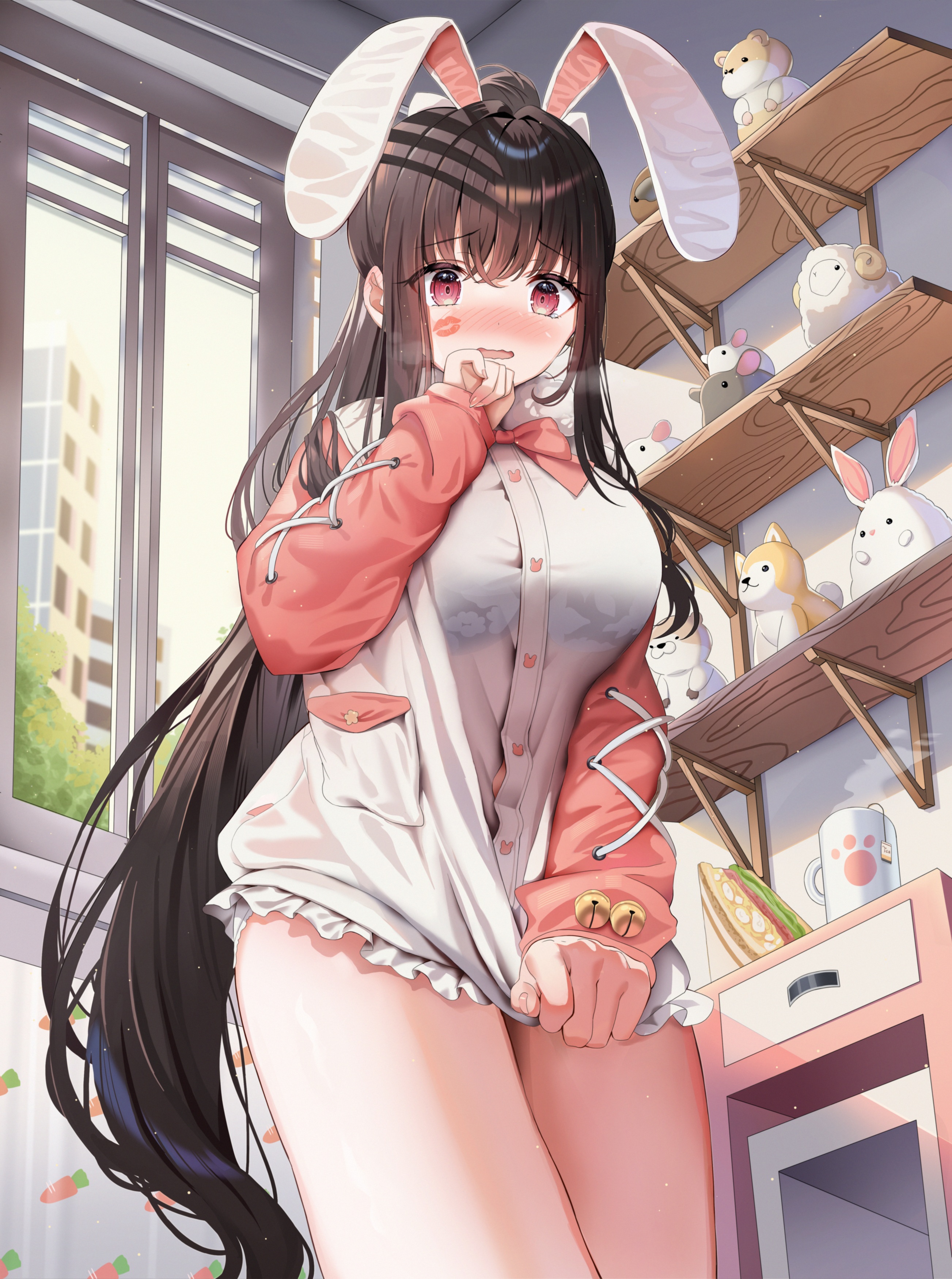 Anime 2605x3500 anime anime girls Arme portrait display looking at viewer blushing long hair women indoors open mouth standing bunny ears bunny girl pulling clothing window long sleeves building shelves lipstick legs carrots animal ears embarrassed plush toy hair between eyes thighs bells bow tie wood frills brunette food sandwiches cup
