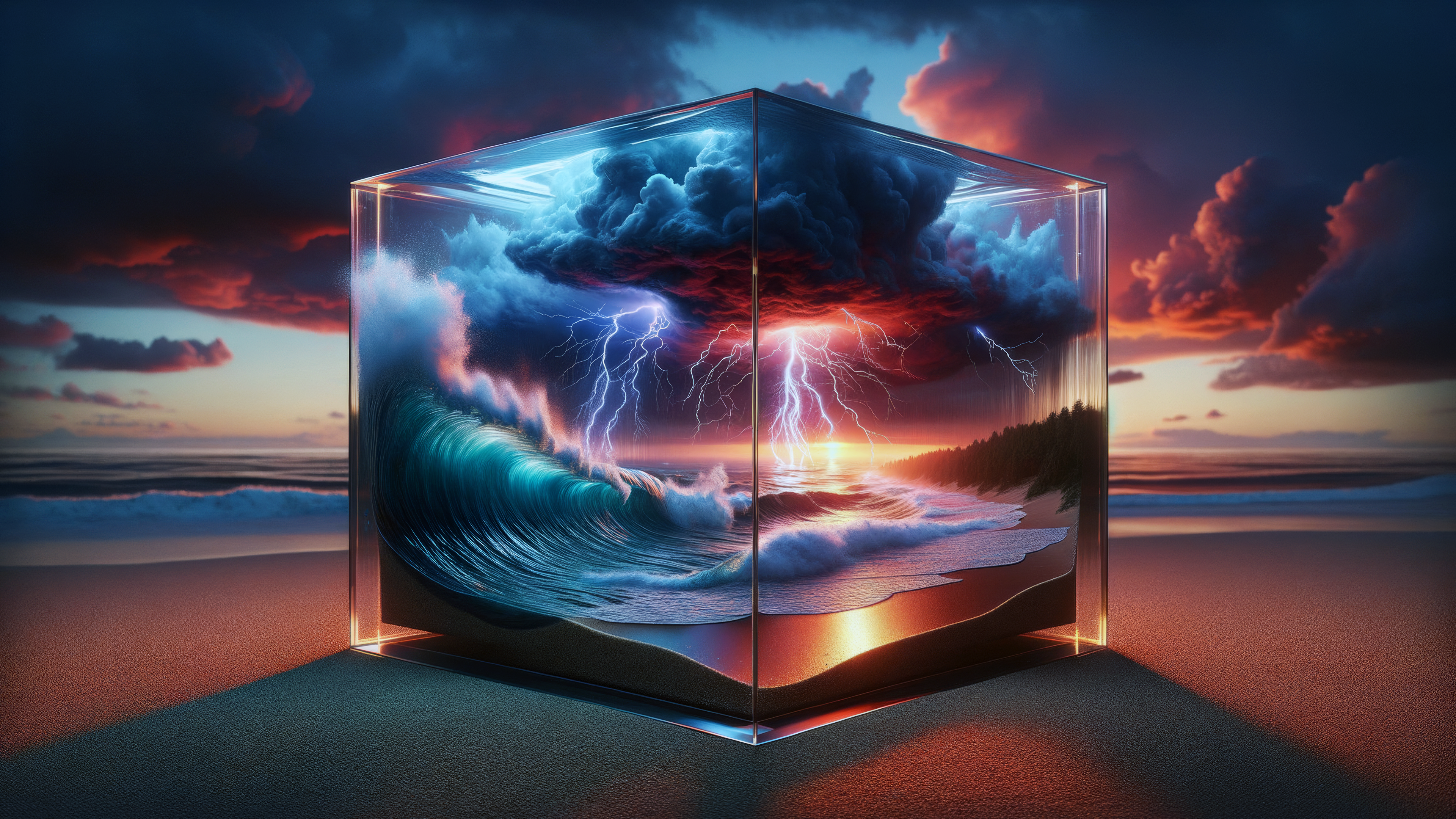 General 3840x2160 AI art colorful cube thunder storm beach