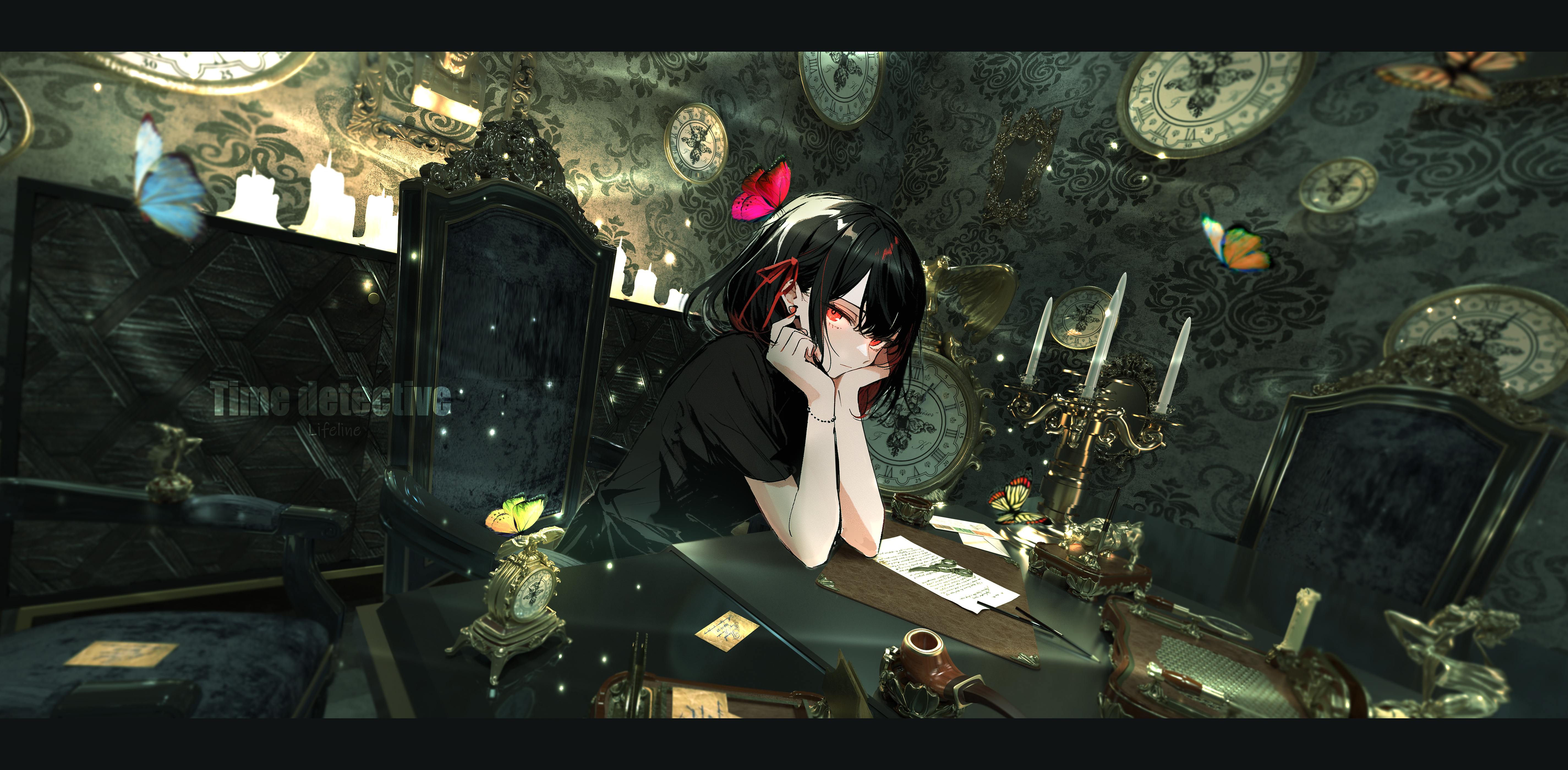 Anime 5699x2800 anime anime girls pink eyes dark hair bangs hand on face watermarked sitting short sleeves clocks candle holder chair indoors women indoors Lifeline scissors desk butterfly candles insect looking at viewer window resting head ribbon paper jewelry beads closed mouth bracelets earring