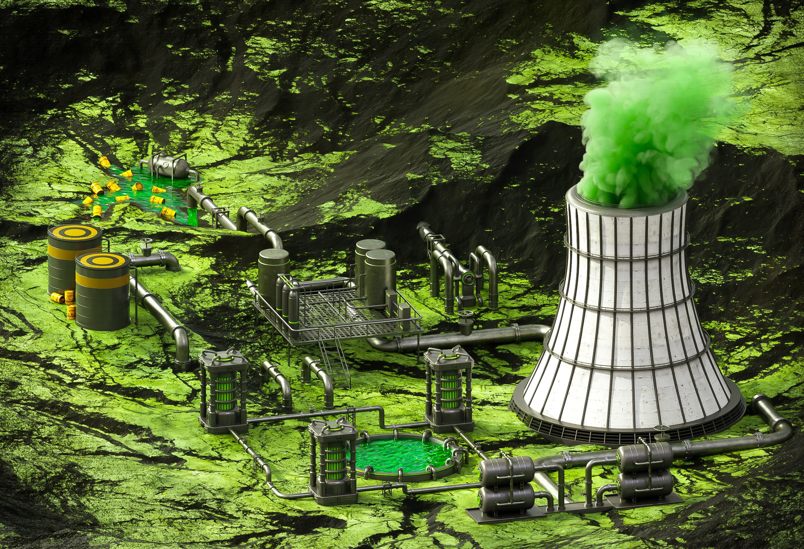 General 2560x1750 toxic green smoke factory tubes detailed nuclear pollution reflection landscape contrast isometric abstract Alex Agreto digital art factories CGI
