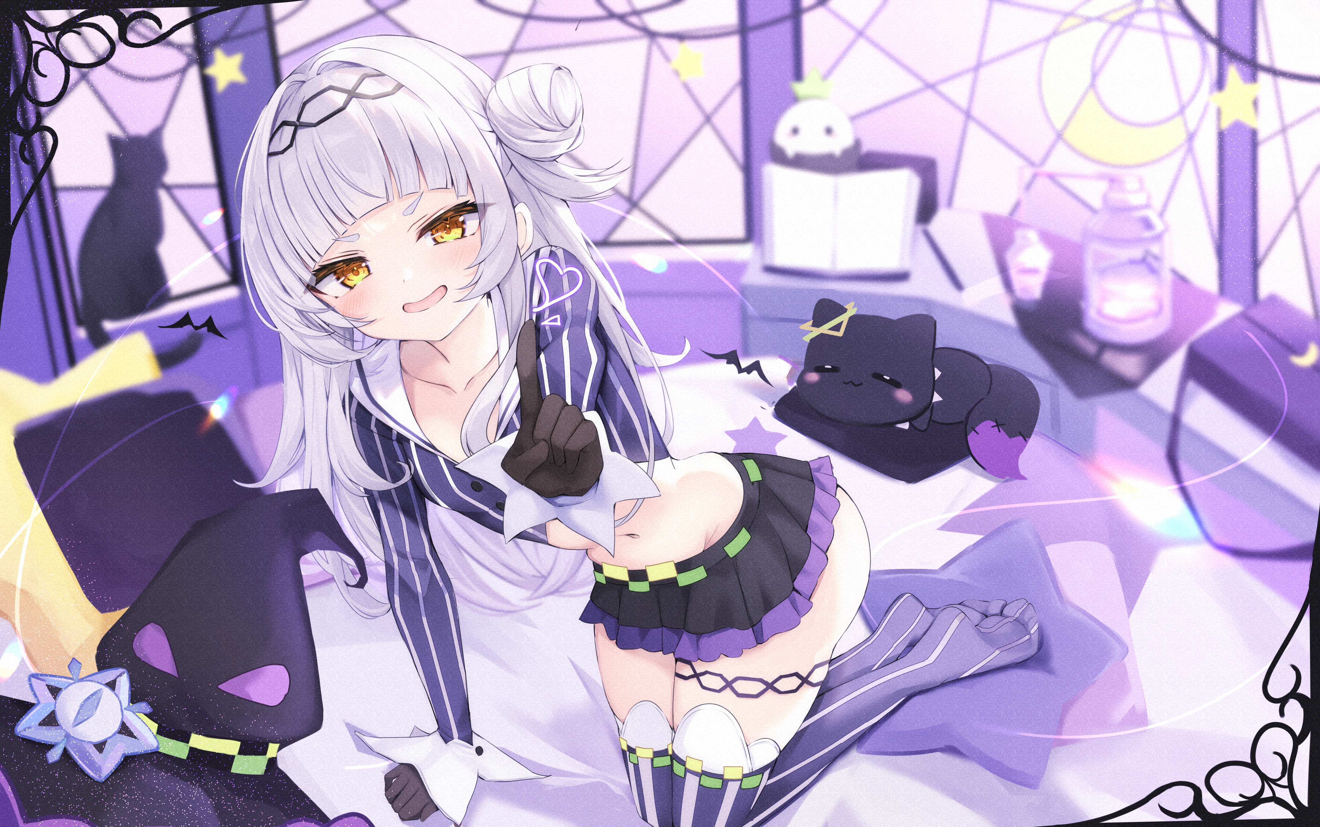 Anime 4380x2746 anime anime girls Murasaki Shion Hololive Virtual Youtuber gloves miniskirt thighs belly belly button indoors women indoors looking at viewer blushing white hair yellow eyes smiling open mouth heart cats bed in bed stars Moon witch hat crescent moon long hair hairbun stockings pillow bedroom animals
