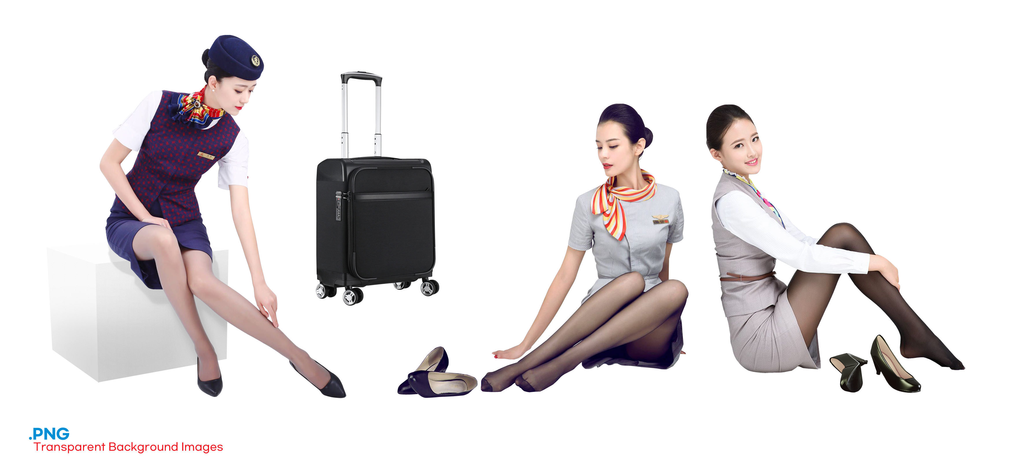 General 3500x1600 transparent background flight attendant png simple background text digital art minimalism Asian women heels luggage smiling teeth