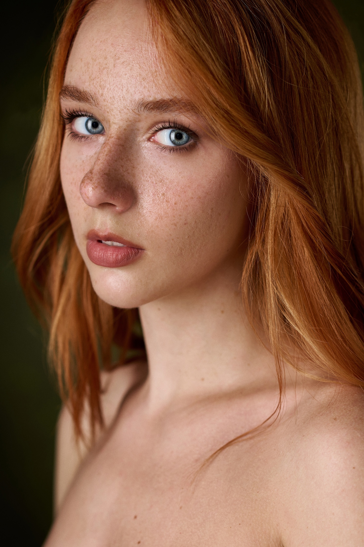 People 1437x2160 Max Pyzhik women Elizaveta Kurilko redhead freckles portrait implied nude portrait display model studio closeup parted lips bare shoulders gray eyes open mouth long hair solo looking at viewer