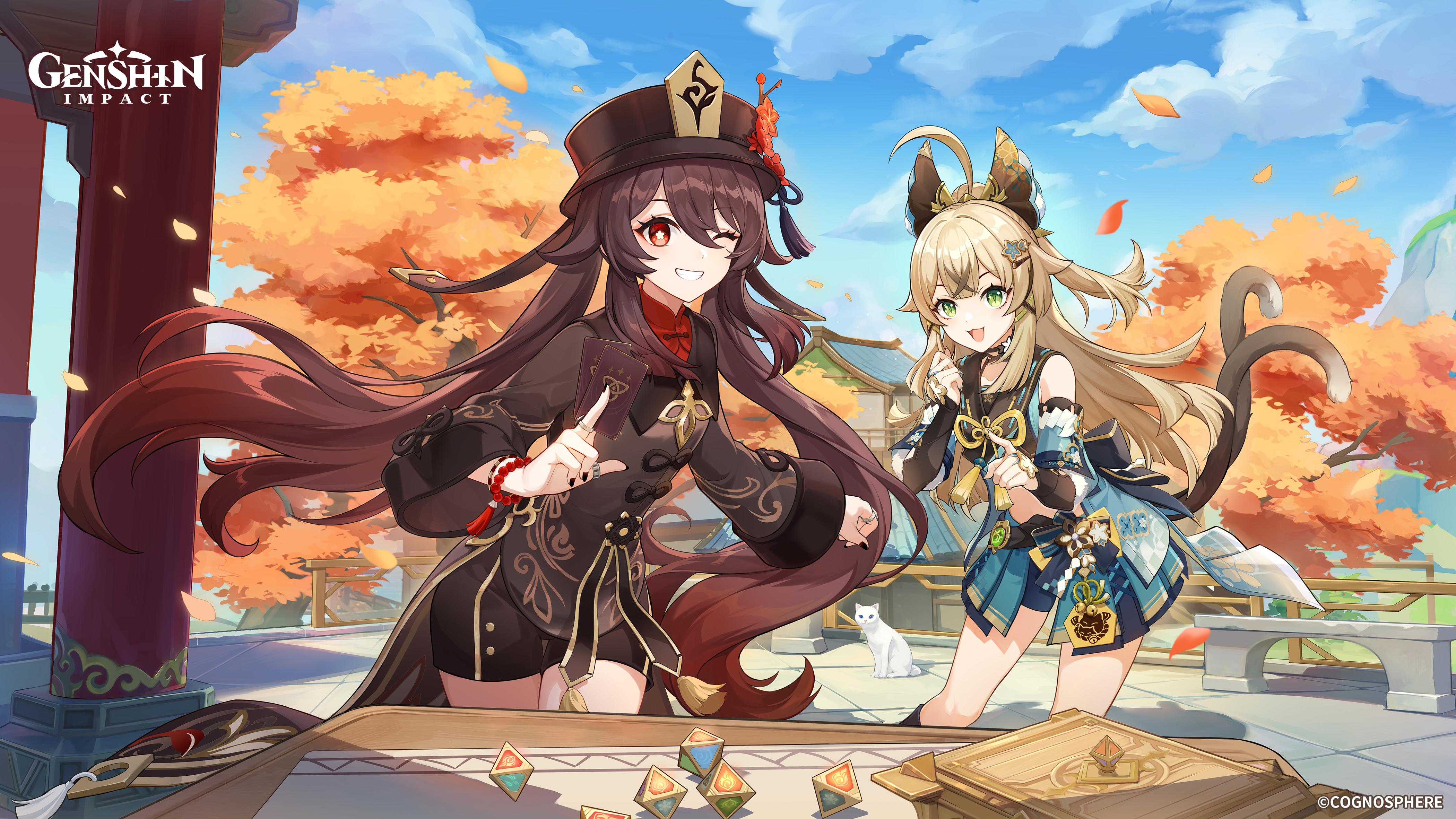 Anime 4200x2363 Genshin Impact artwork Hu Tao (Genshin Impact) Kirara (Genshin Impact) anime anime girls brunette blonde cats cat girl cat ears sky clouds leaves cards chess watermarked long hair one eye closed cat tail smiling wind trees animals sunlight twintails looking at viewer open mouth bracelets