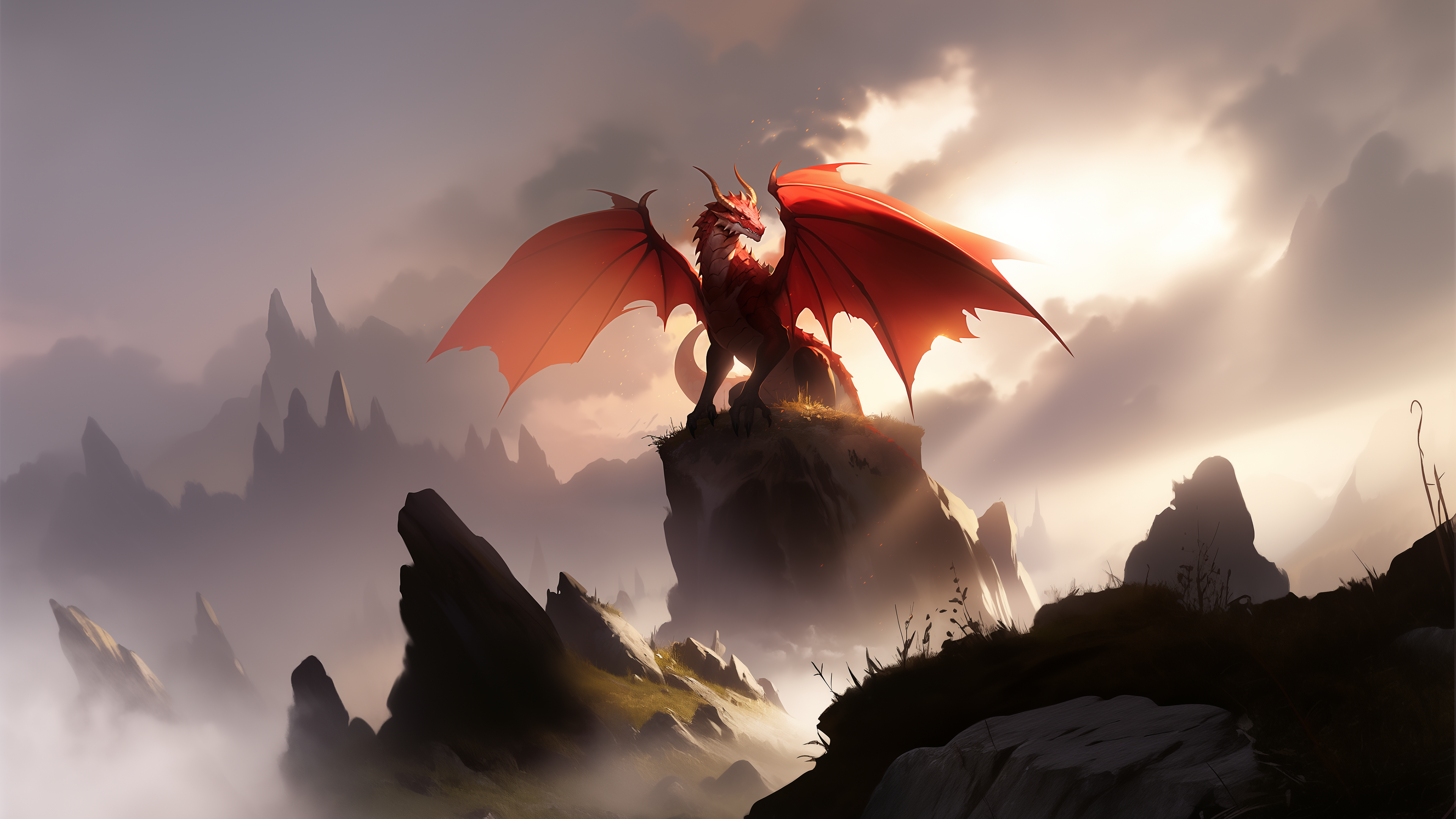 General 3840x2160 dragon AI art Dungeons & Dragons sky clouds wings rocks sunlight digital art creature