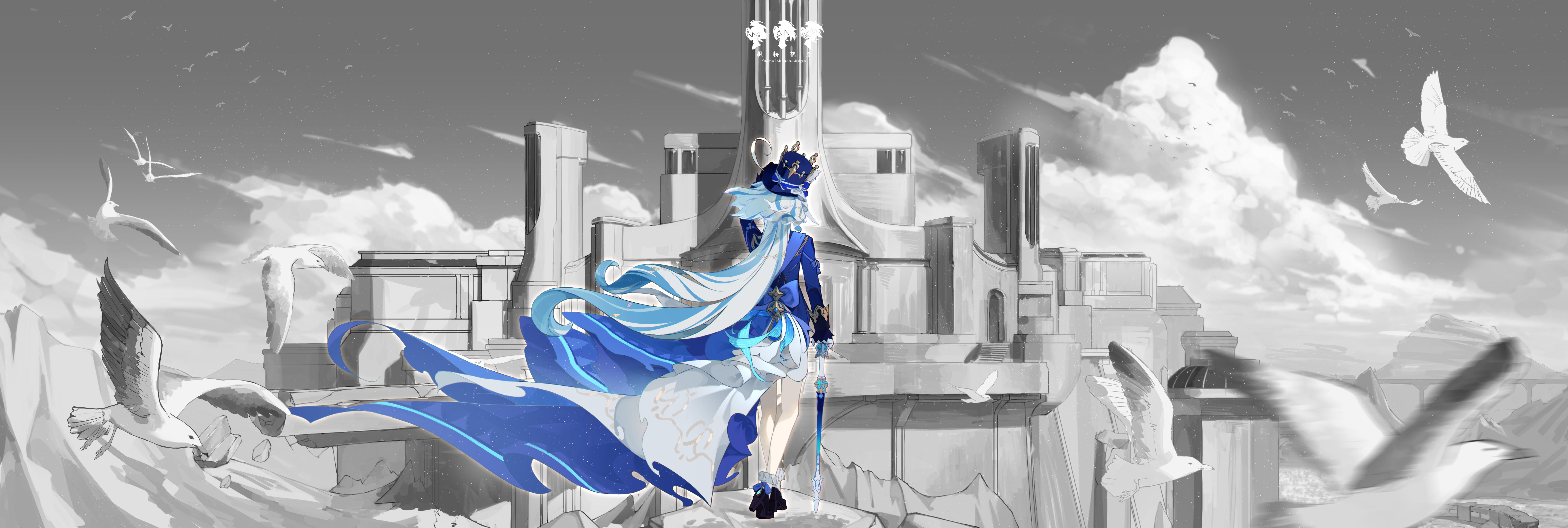 Anime 8864x2984 anime anime girls Furina (Genshin Impact) Genshin Impact long hair two tone hair blue hair wind clouds birds standing castle sky tailcoat crew socks socks white socks mismatched gloves heels animals monochrome hair blowing in the wind gloves hat top hat