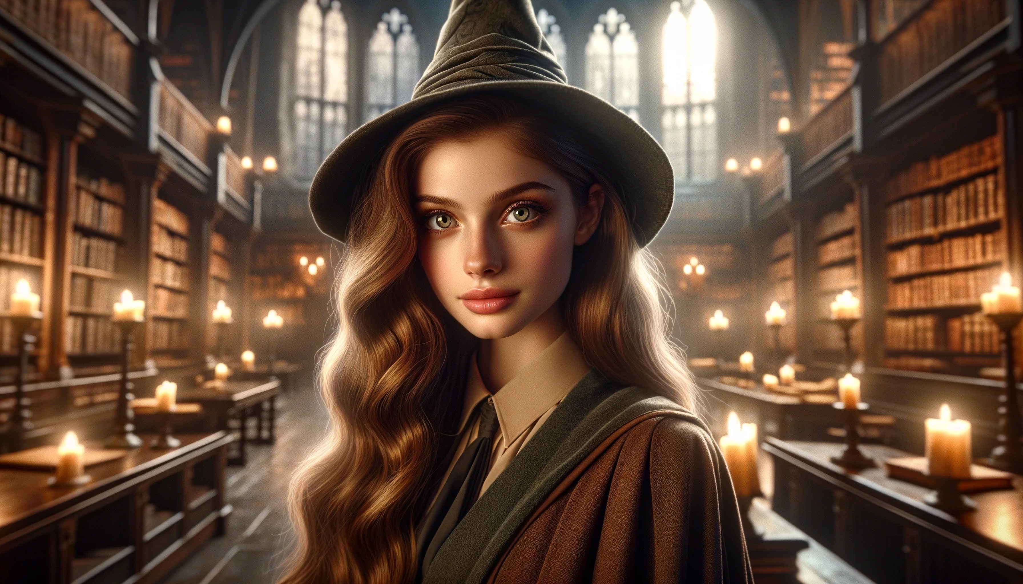 General 3584x2048 AI art digital art portrait wizard's hat wizarding world library candles looking at viewer closed mouth wizard blurred blurry background long hair wavy hair window robes blue eyes books desk
