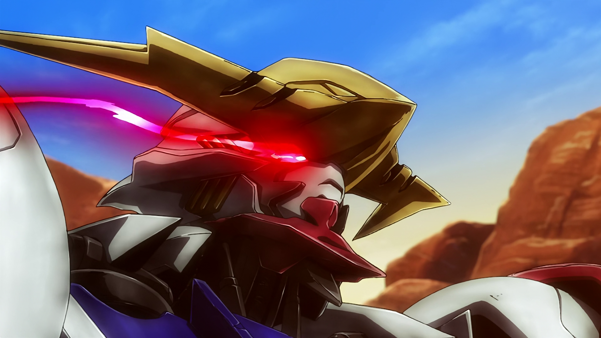 Anime 1920x1080 anime Anime screenshot Gundam Barbatos Lupus Mobile Suit Gundam: Iron-Blooded Orphans glowing eyes Mars mechs sky clouds