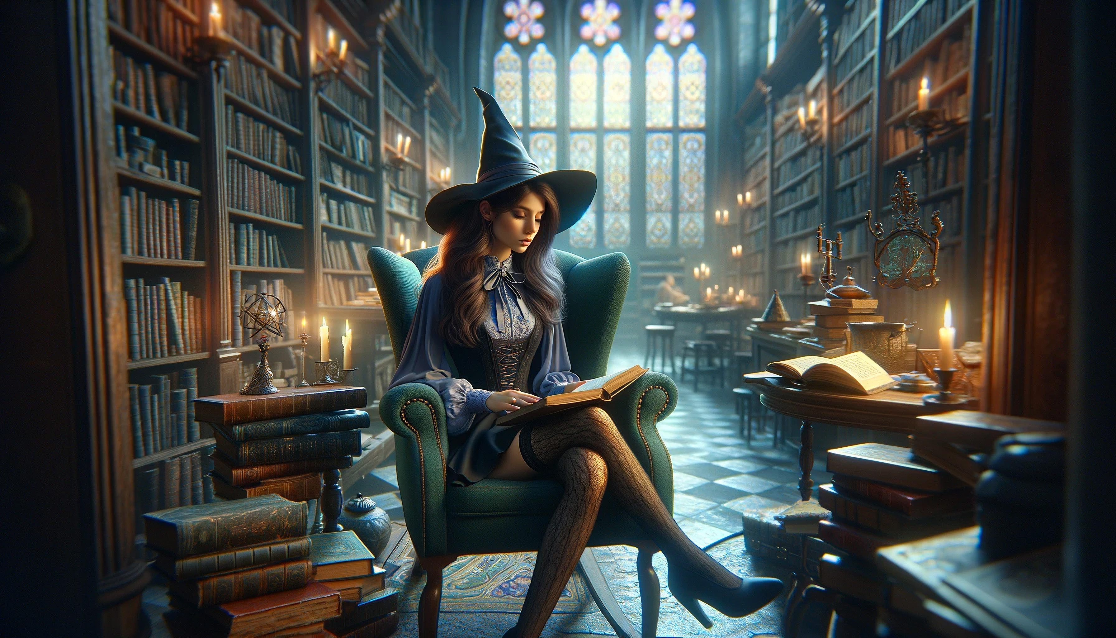 General 3584x2048 digital art witch library wizard wizard's hat wizarding world armchair reading book in hand sitting legs crossed books candles fire long hair stockings closed mouth stained glass AI art