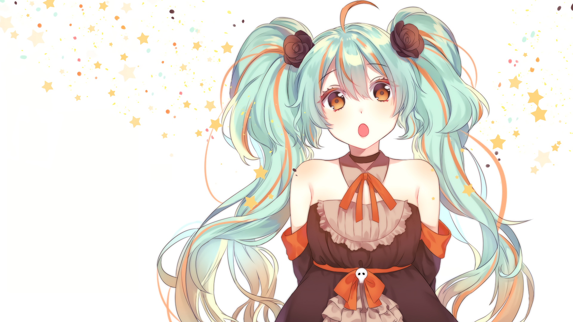 Anime 1920x1080 anime anime girls white background dress bare shoulders long hair simple background ahoge Vocaloid Hatsune Miku looking at viewer stars two tone hair choker open mouth flower in hair yellow eyes twintails