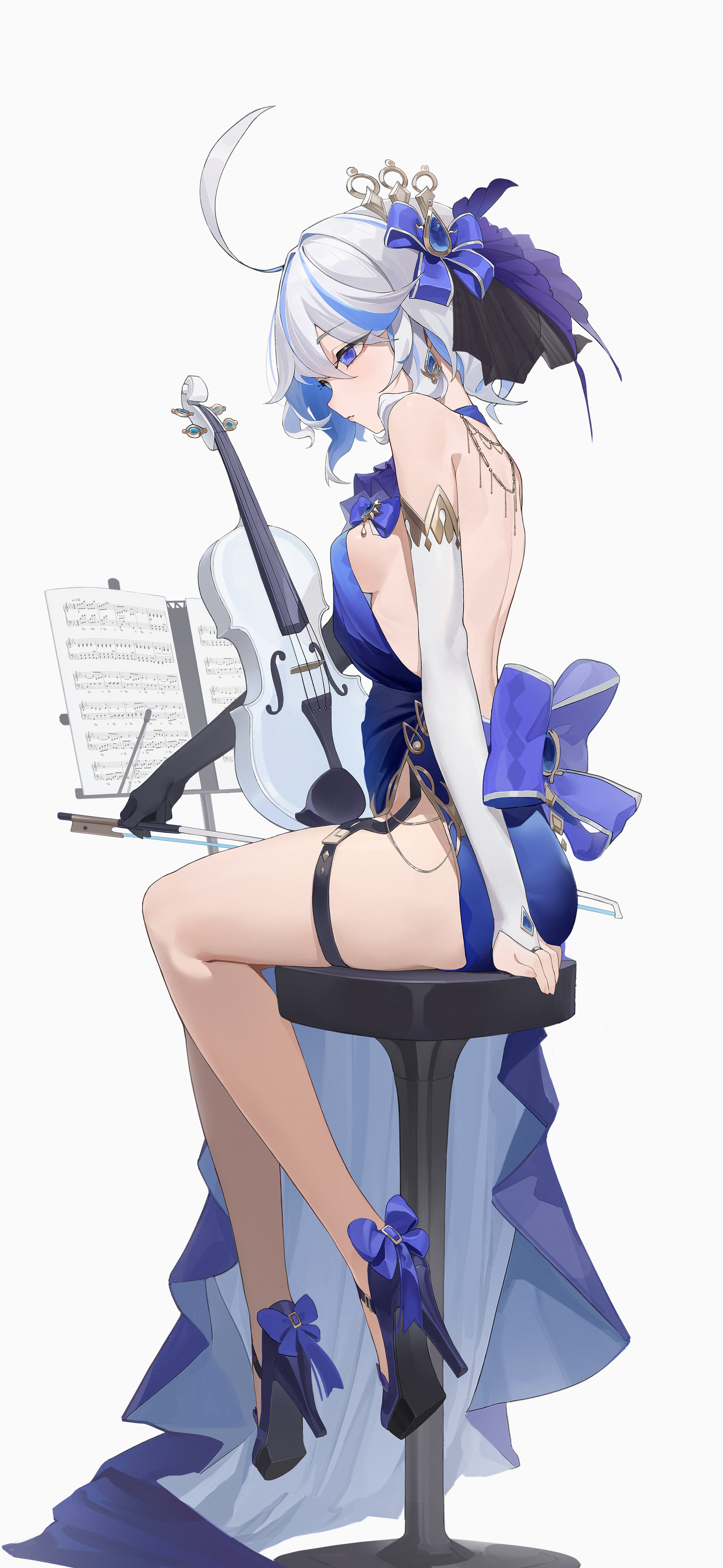 Anime 3000x6500 anime anime girls Furina (Genshin Impact) Genshin Impact Pixiv portrait display sitting simple background violin white background bow minimalism high heels looking away two tone hair blue hair musical notes leg ring blue eyes mismatched gloves earring bareback stools musical instrument dress bridal gauntlets thighs backless dress backless ahoge closed mouth berserker_r
